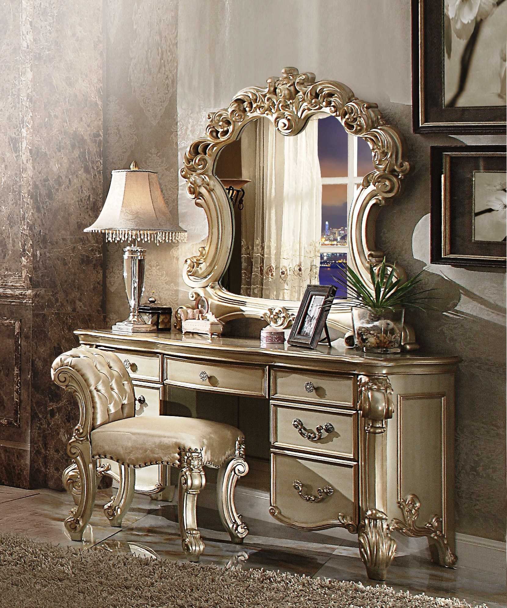 Elaborate Carved Gold Patina Finish Desk Vanity Dressing Table with 7 Drawers