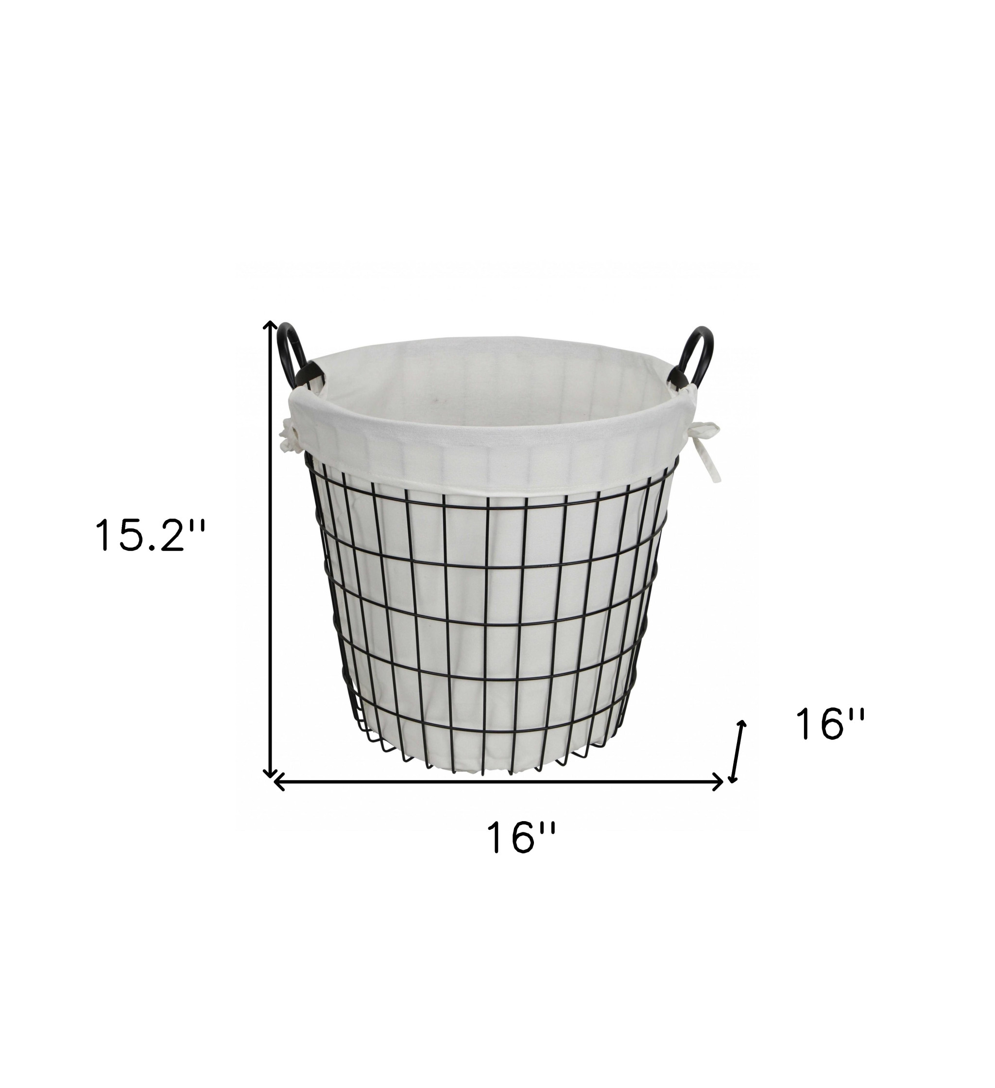 White Fabric Lined Metal Laundry Type Basket with Handle