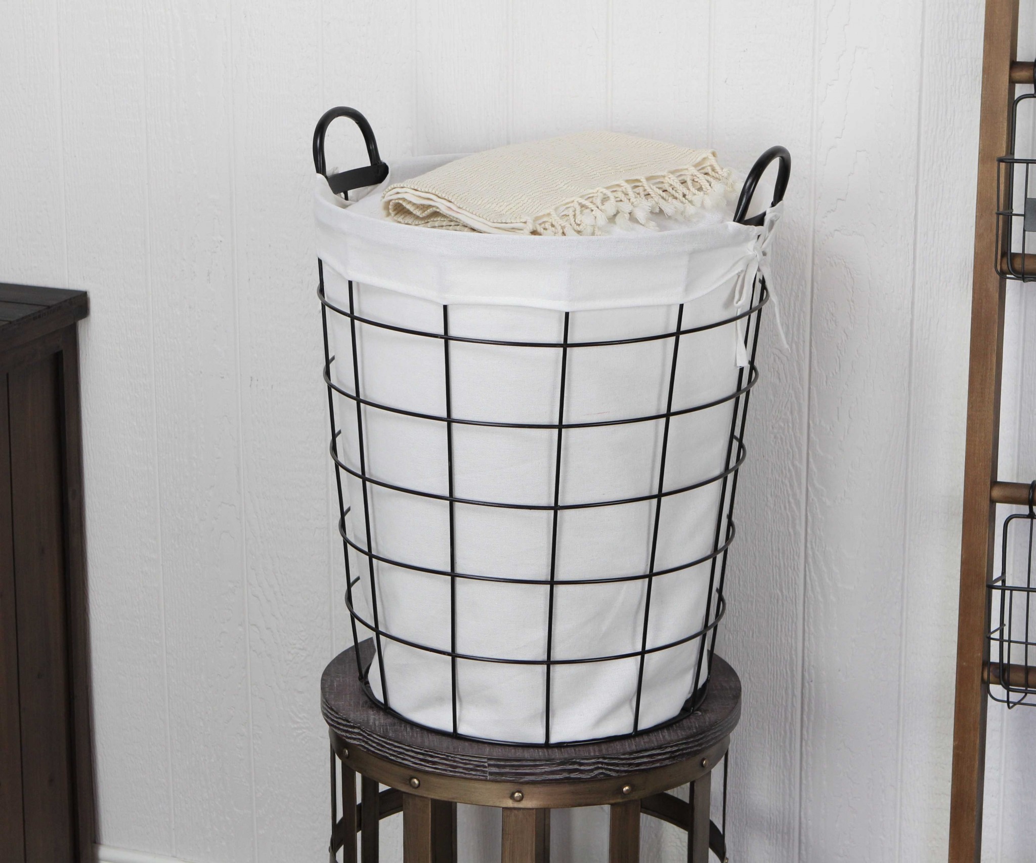 Large White Fabric Lined Metal Laundry Type Basket with Handle