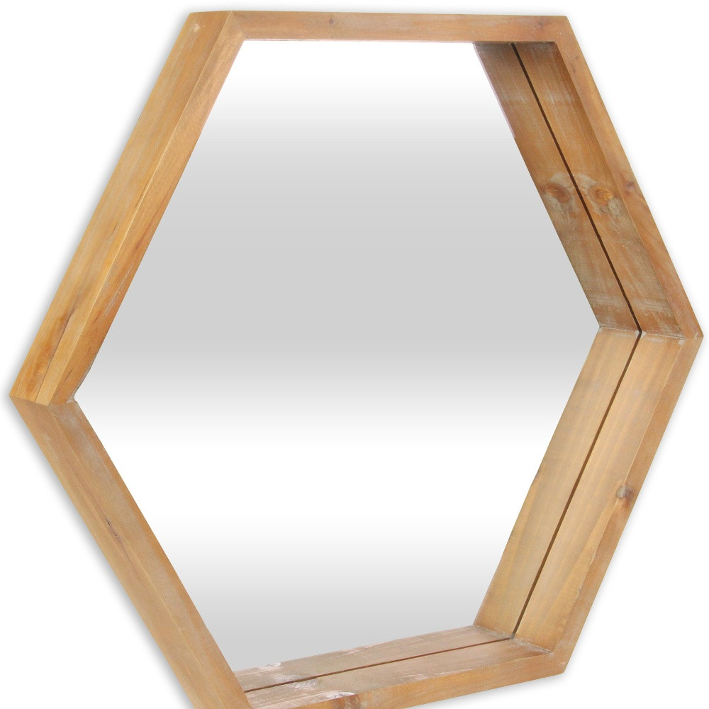 Modern Natural Wood Finish Hexagonal Wall Mirror