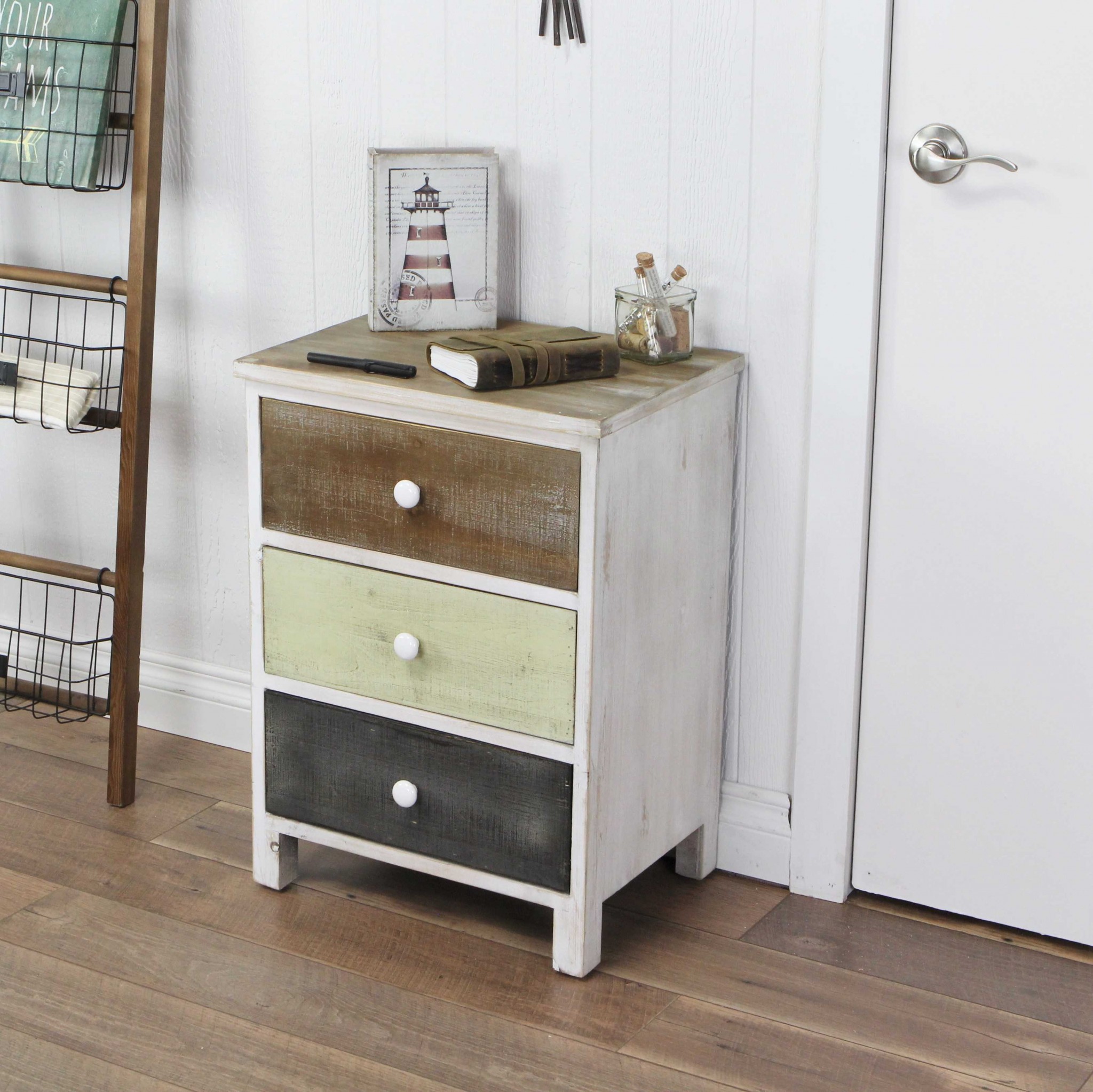 Distressed Gray and White Side Cabinet with 3 Drawers