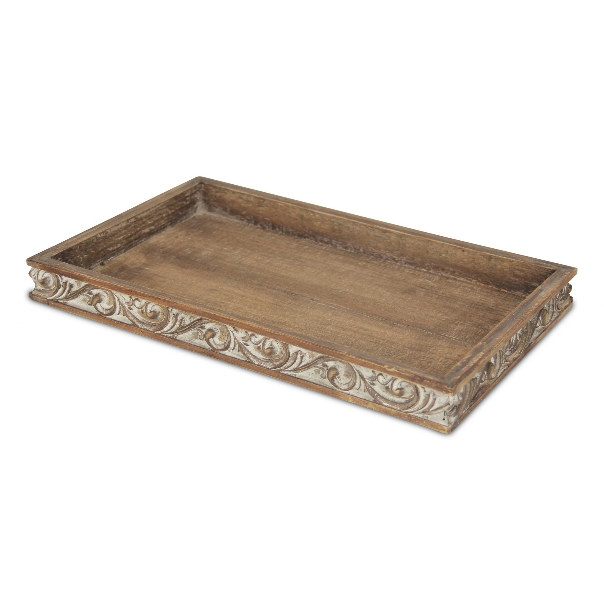 Distressed Finish Wood Tray with Side Carvings