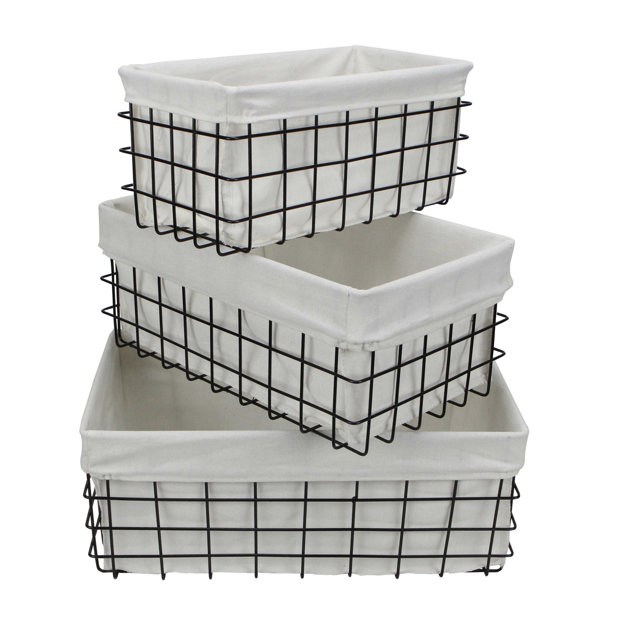 Set of 3 Rectangular White Lined and Metal Wire Baskets