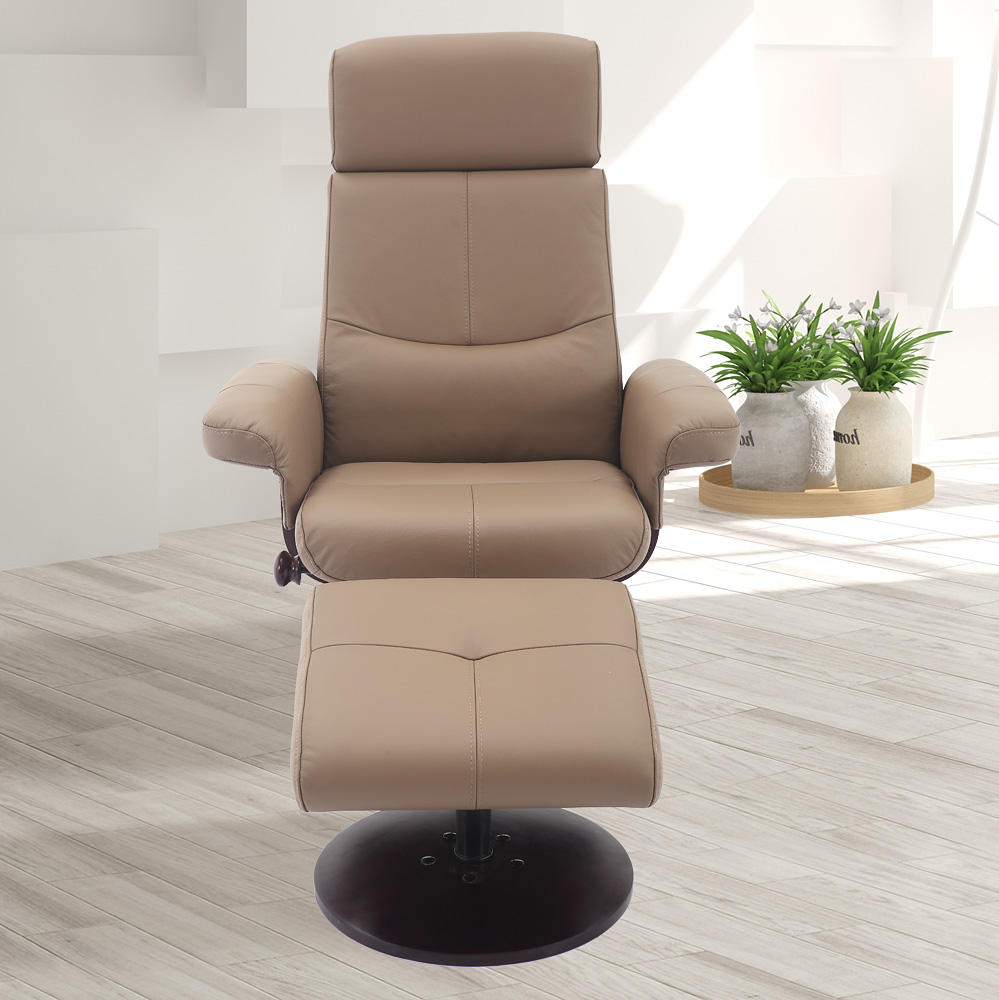 2pc Dark Beige Soft Faux Leather Recliner and Ottoman Set