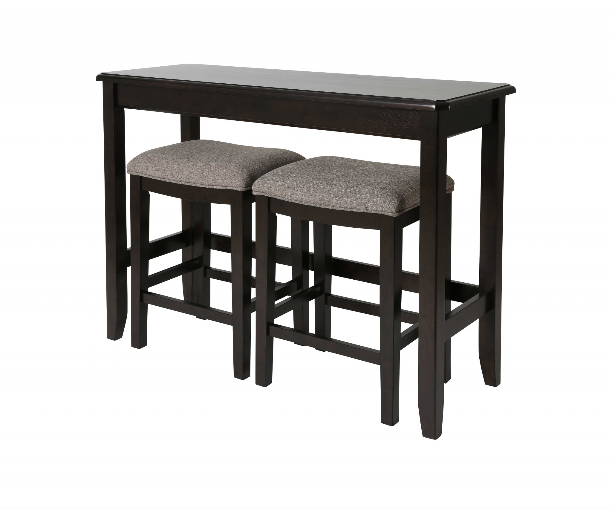 Rectangular Espresso Finish Sofa table with Two Bar Stools