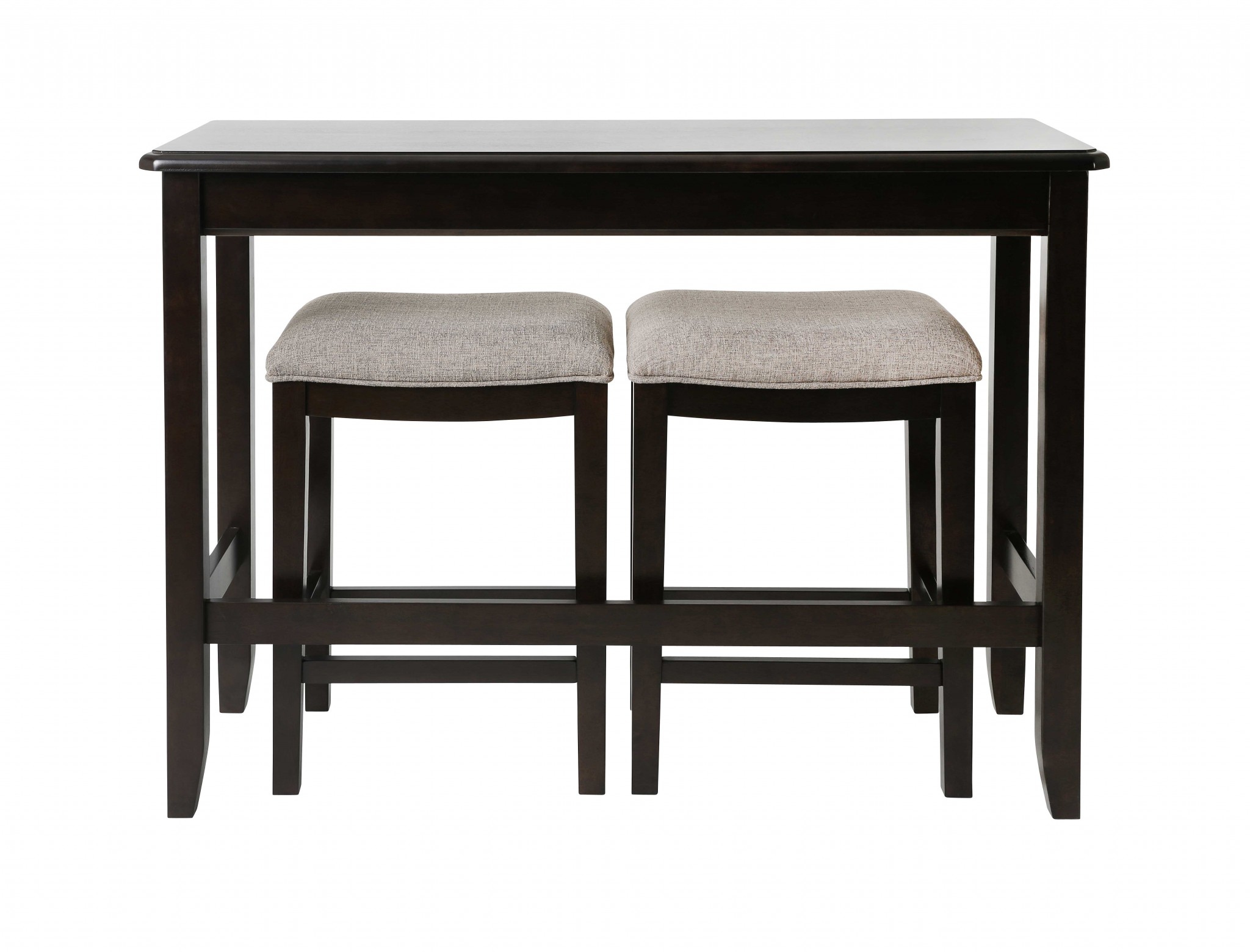 Rectangular Espresso Finish Sofa table with Two Bar Stools