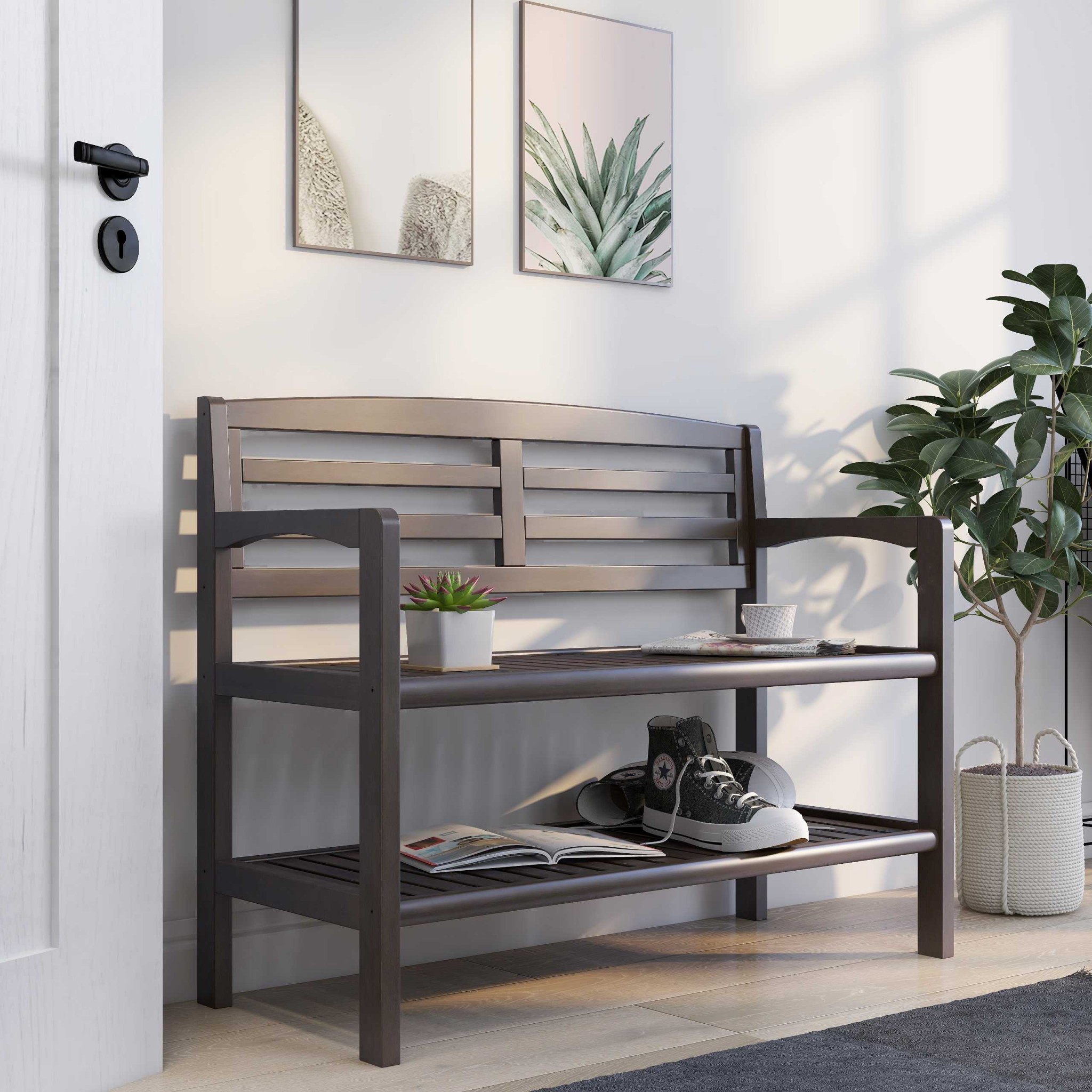 Rectangular Wood Bench with Back and Shelf in Espresso