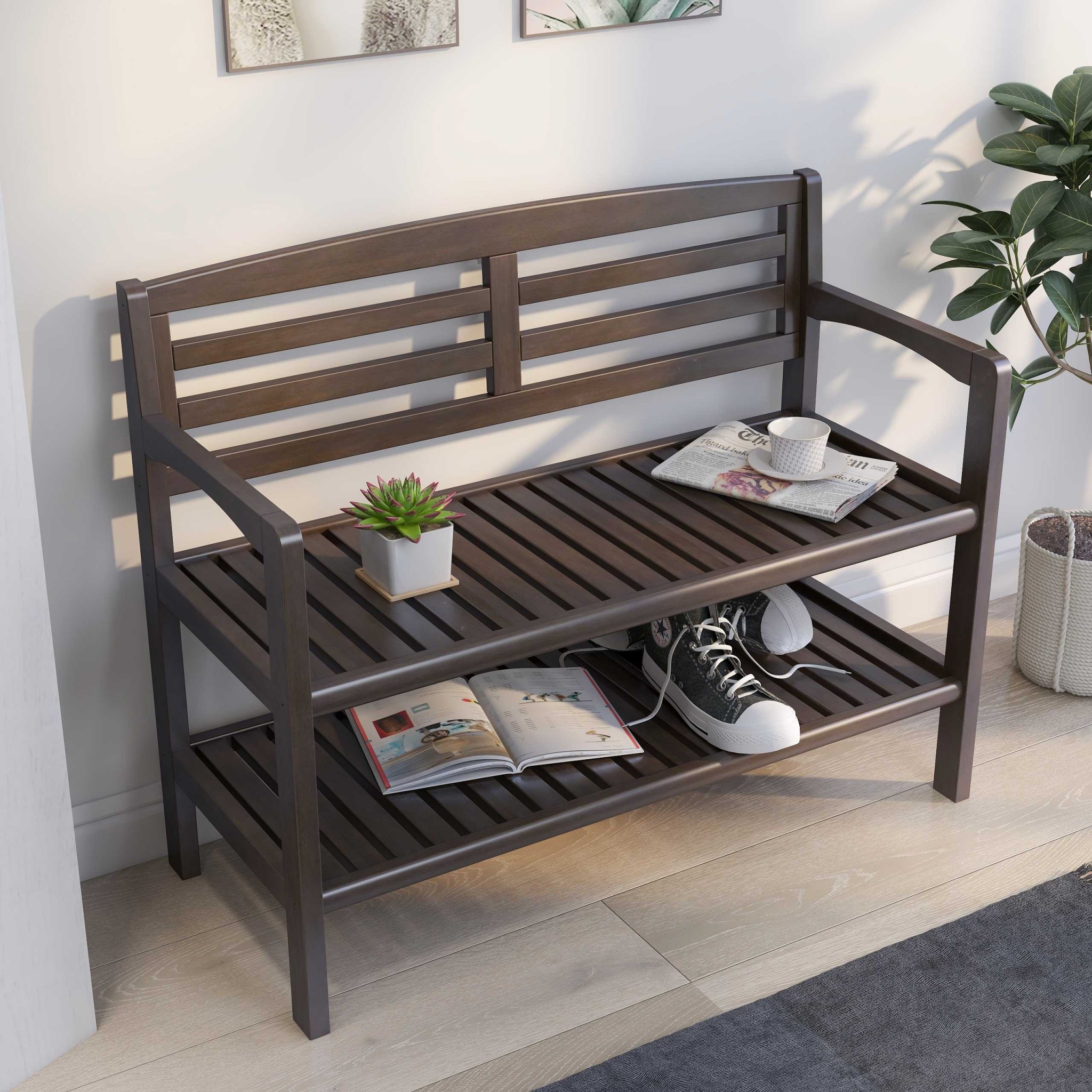 Rectangular Wood Bench with Back and Shelf in Espresso