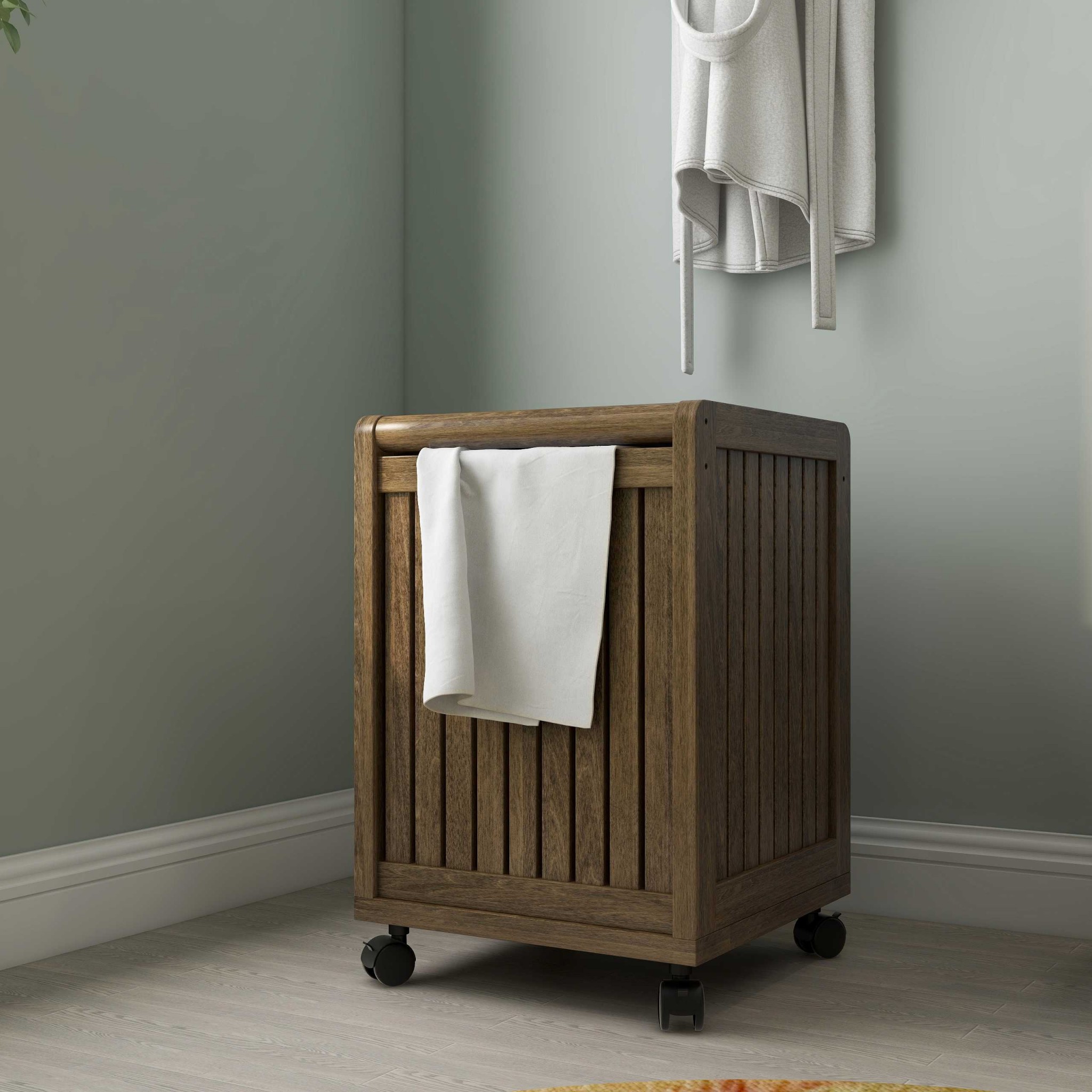 Rolling Solid Wood Laundry Hamper with Lid in Antique Chestnut