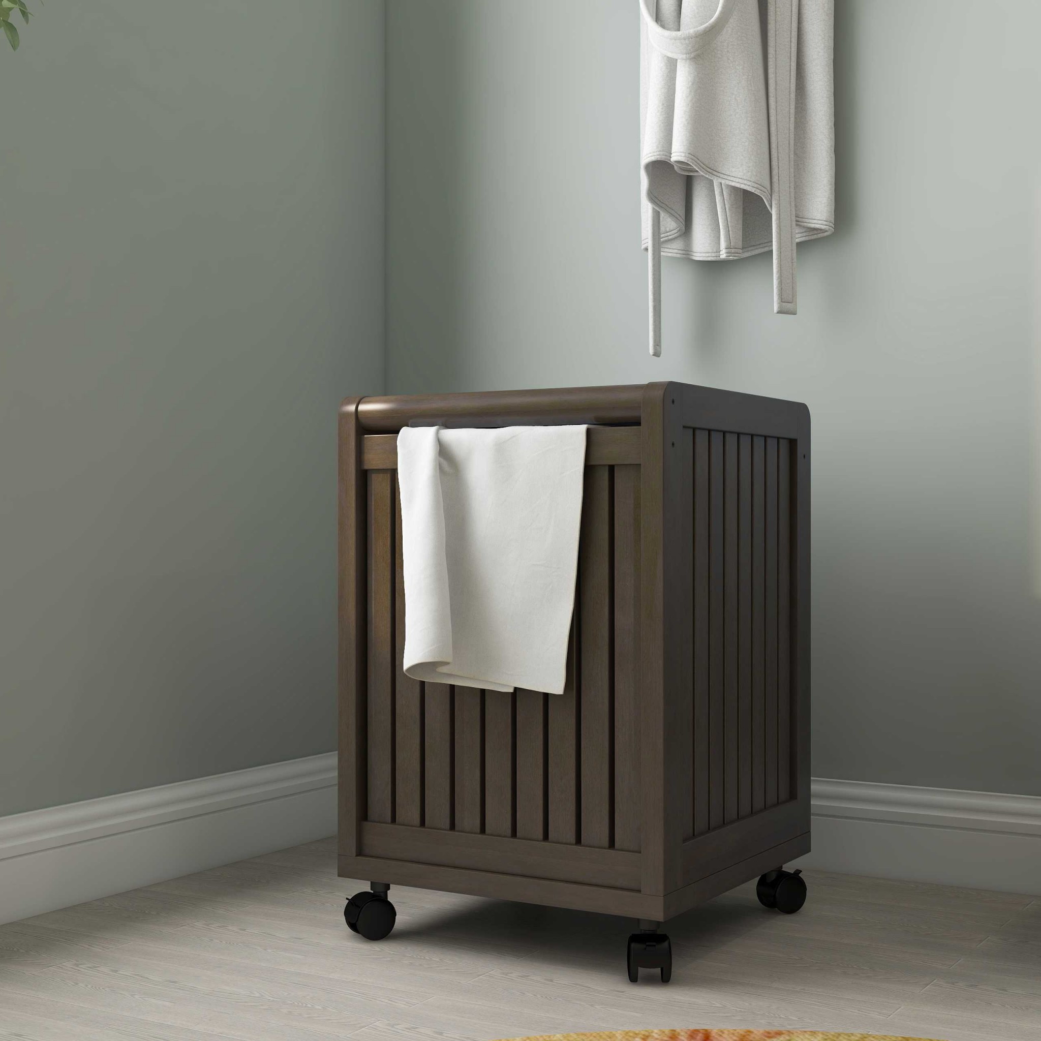 Rolling Solid Wood Laundry Hamper with Lid in Espresso