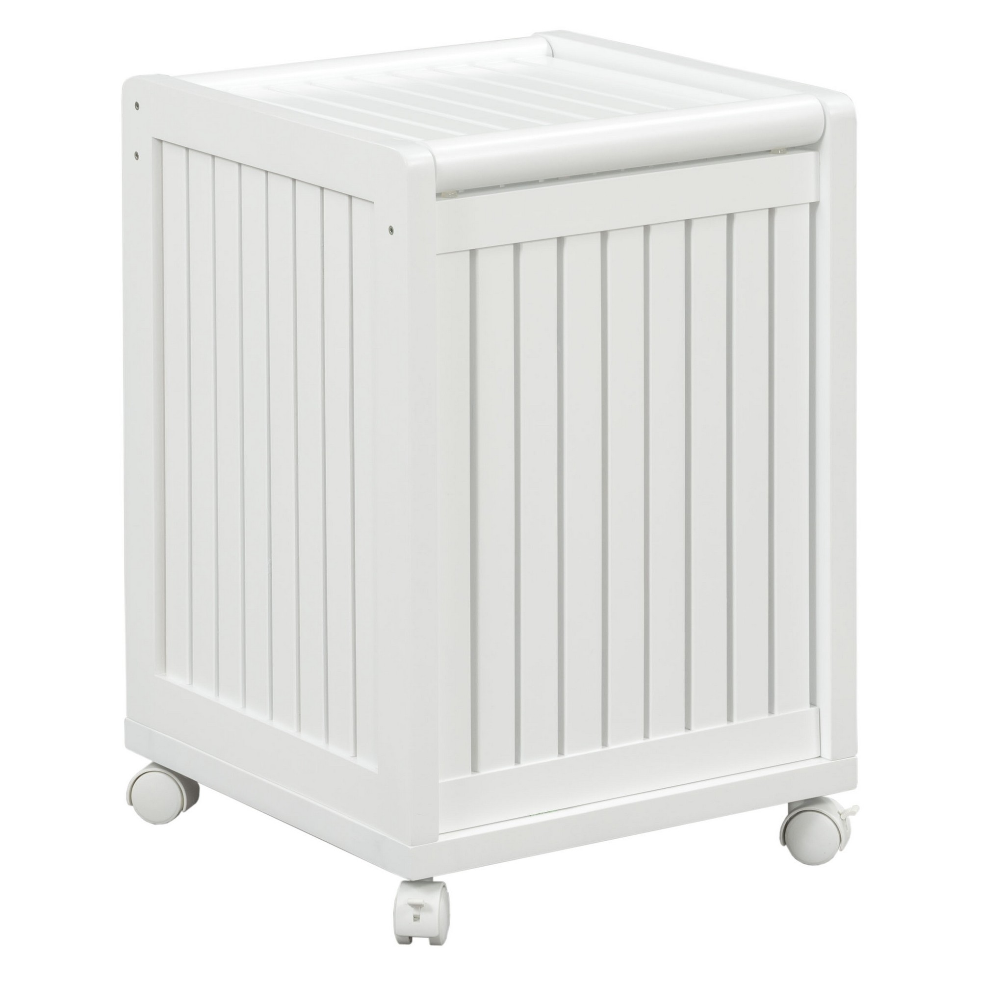 White Solid Wood Rolling Laundry Hamper with Lid