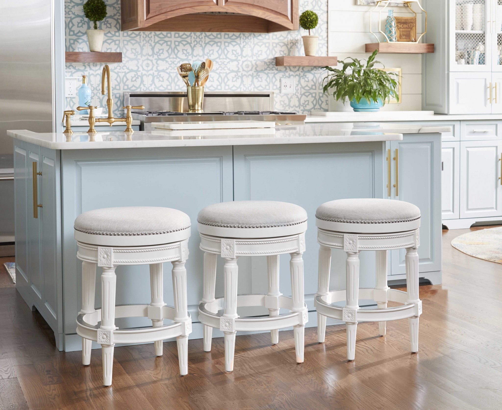 Counter Height Round Counter Stool in Alabaster White Fabric