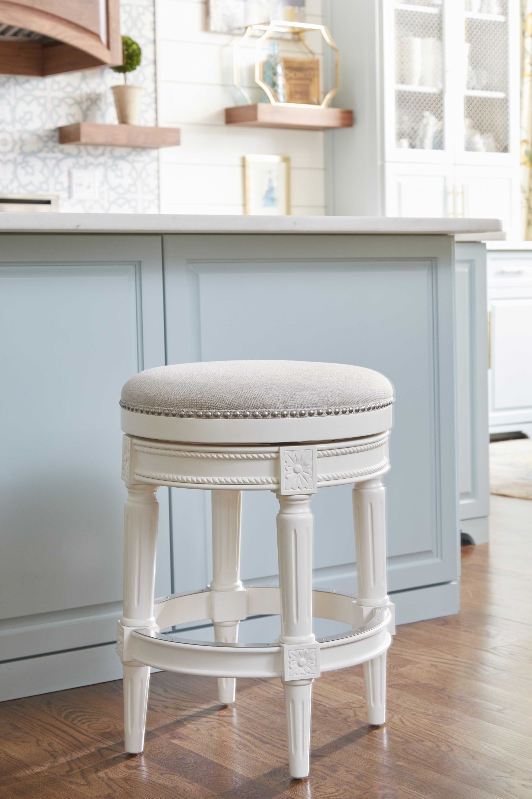 Counter Height Round Counter Stool in Alabaster White Fabric