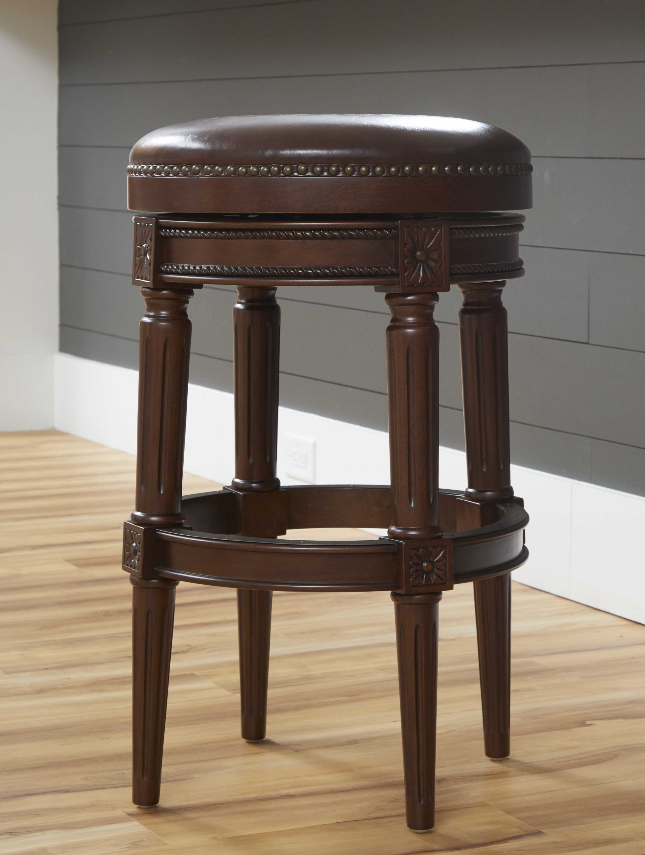 Distressed Walnut Finished Bar Height Round Stool