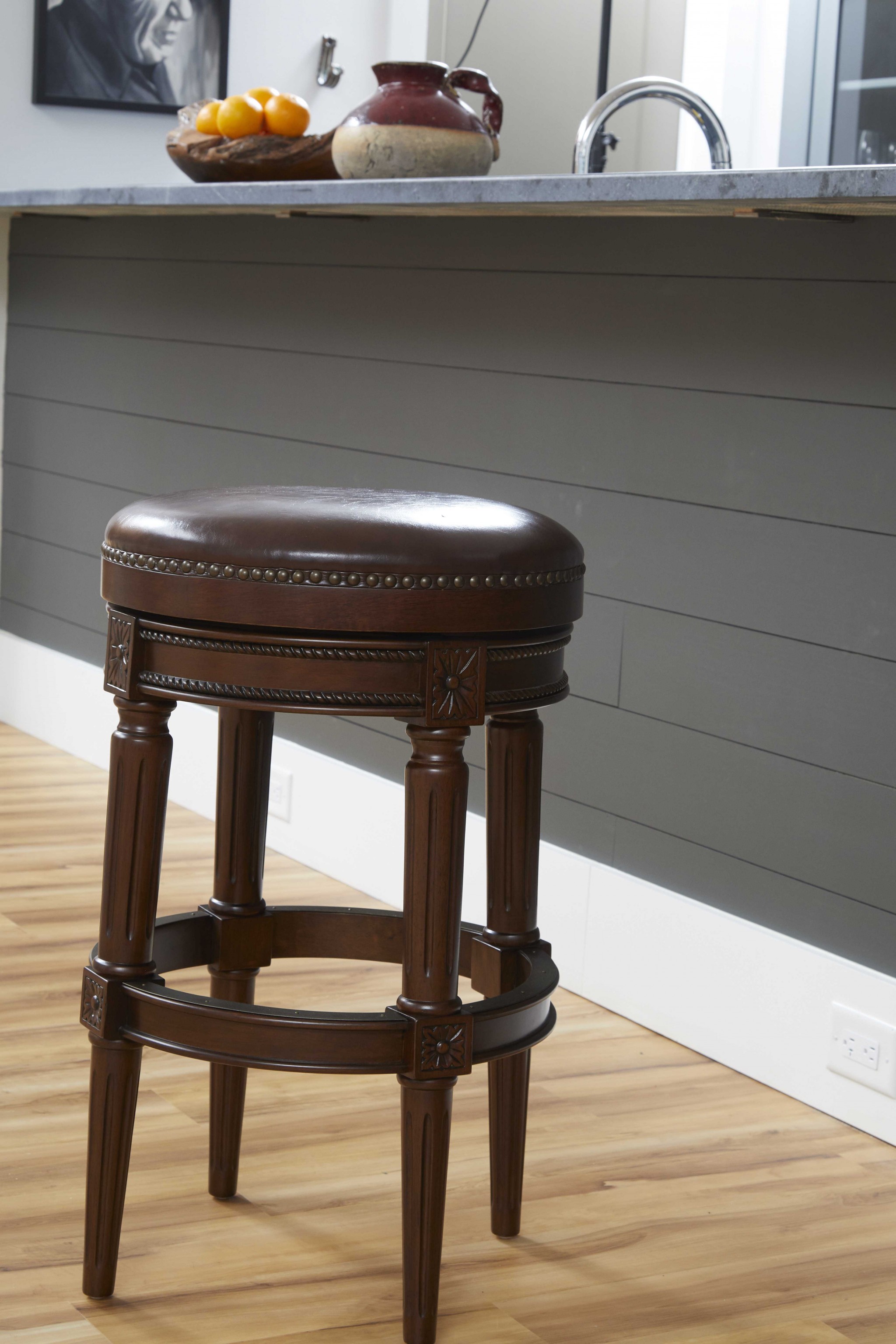 Distressed Walnut Finished Bar Height Round Stool