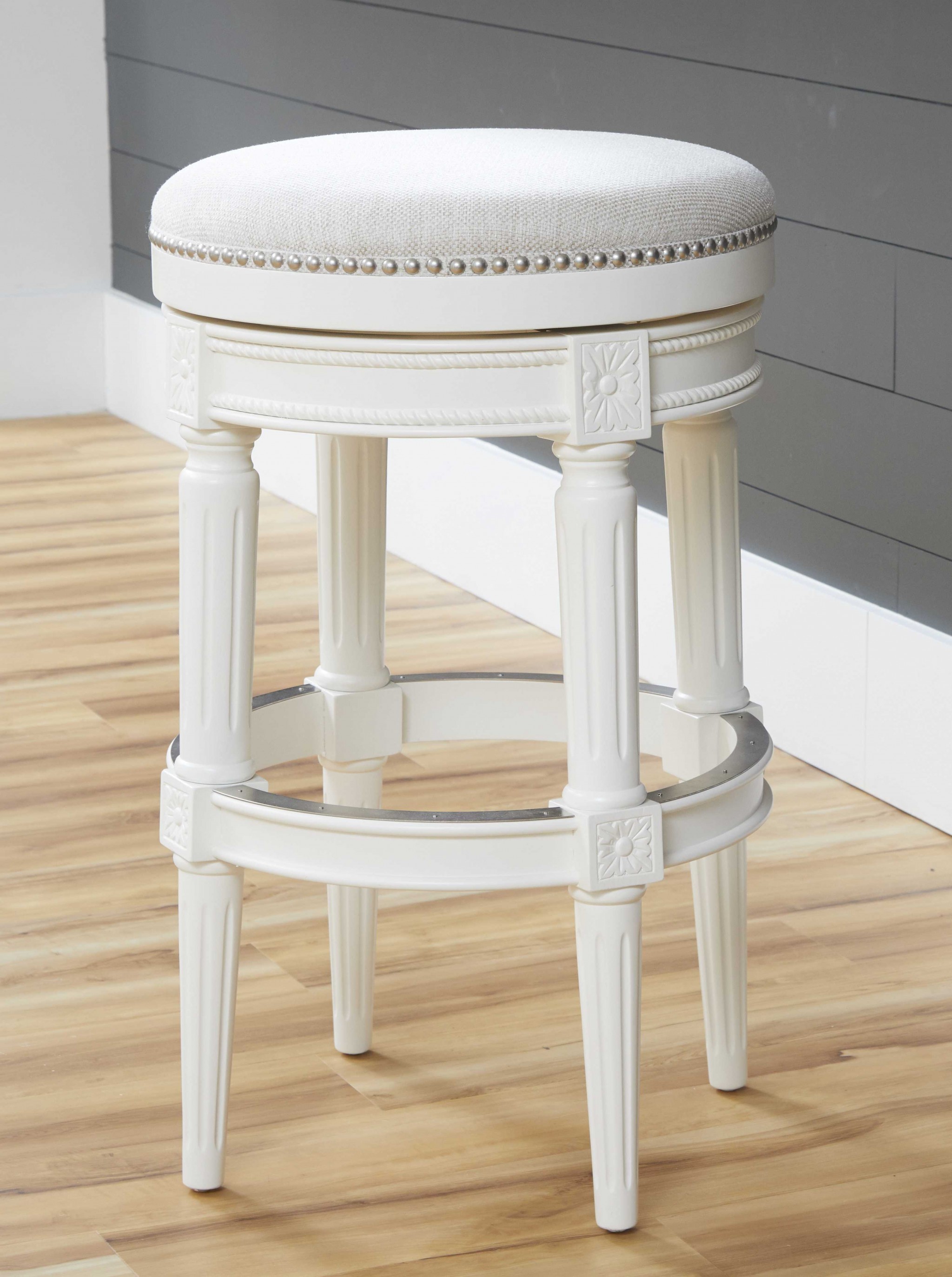 Bar Height Round Backless Stool In  White Fabric