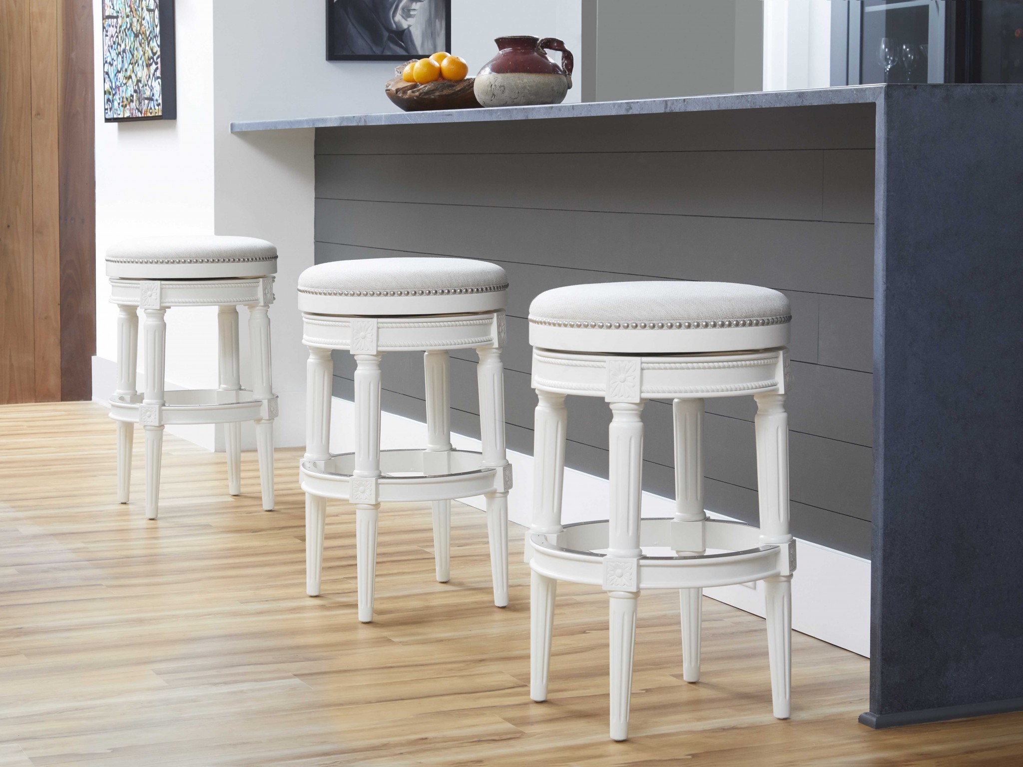 Bar Height Round Backless Stool In  White Fabric