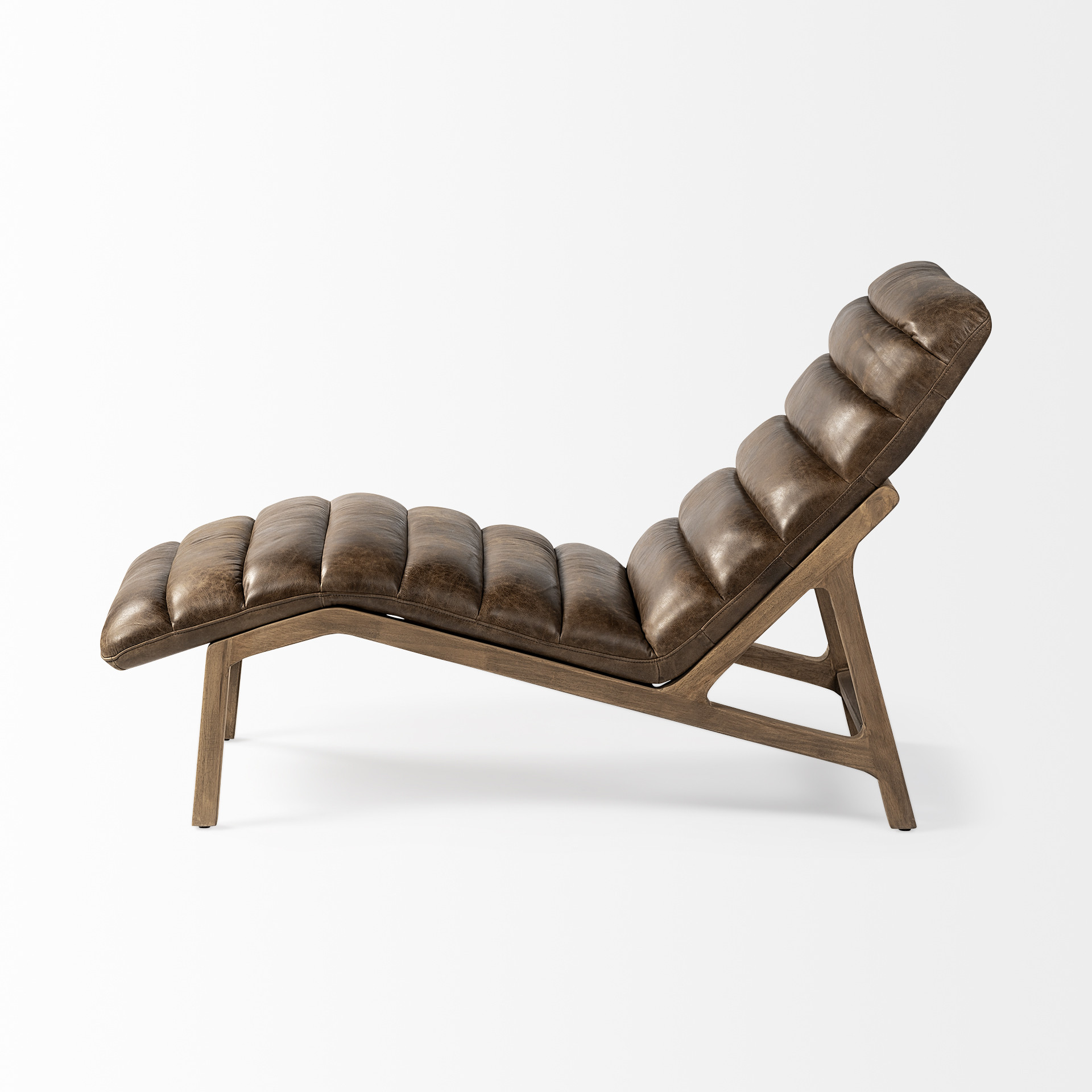 Modern Brown Genuine Leather Chaise Lounge Chair With Solid Wood Frame And Base