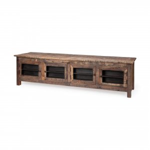 Medium Brown Reclaimed Wood TV Stand Media Console With 4 Metal Doors