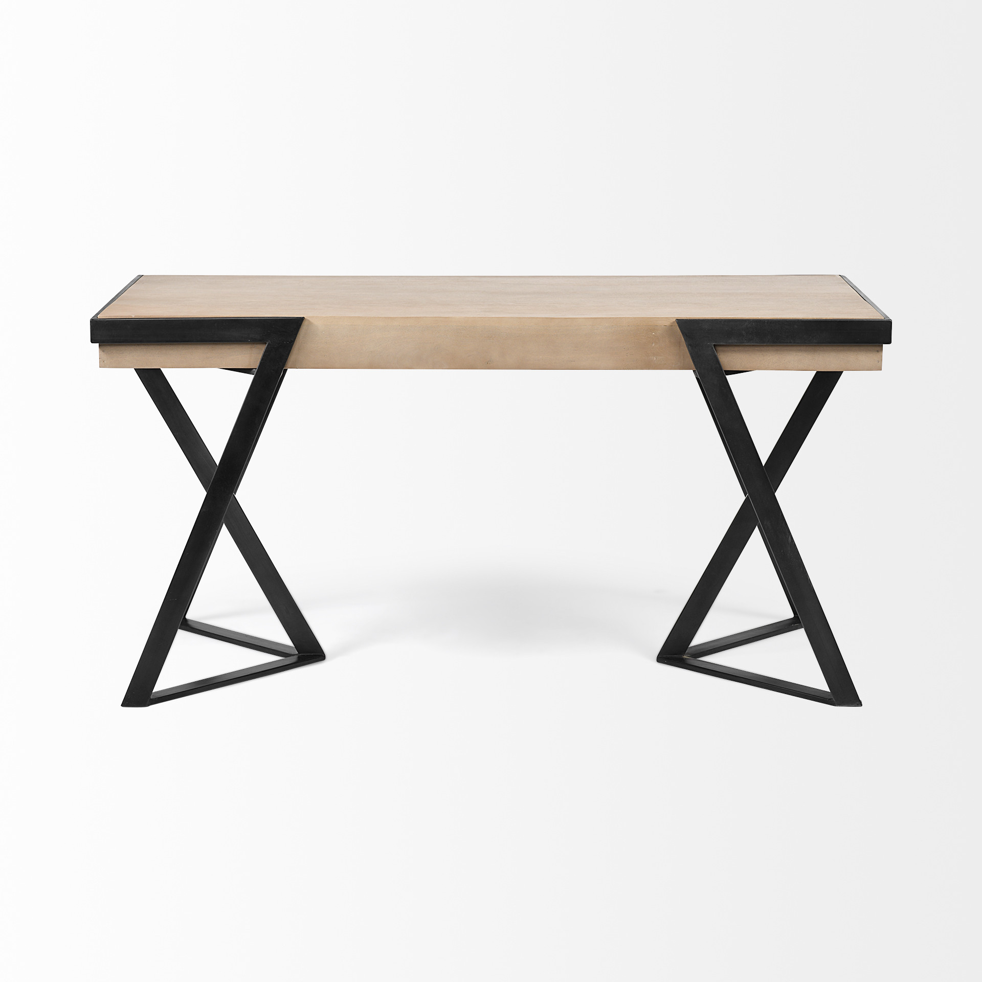 Solid Mango Wood Finish Writing Desk With Single Storage And Black Triangular Iron Legs