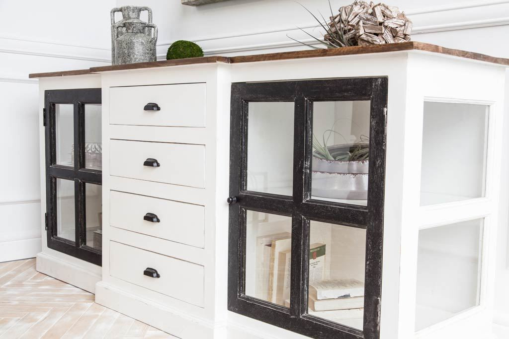 White And Black Solid Mango Wood Frame Sideboard With 4 Drawers And 4 Shelves