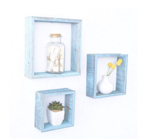 Set of 3 Square Robins Egg Blue Reclaimed Wood Open Box Shelve