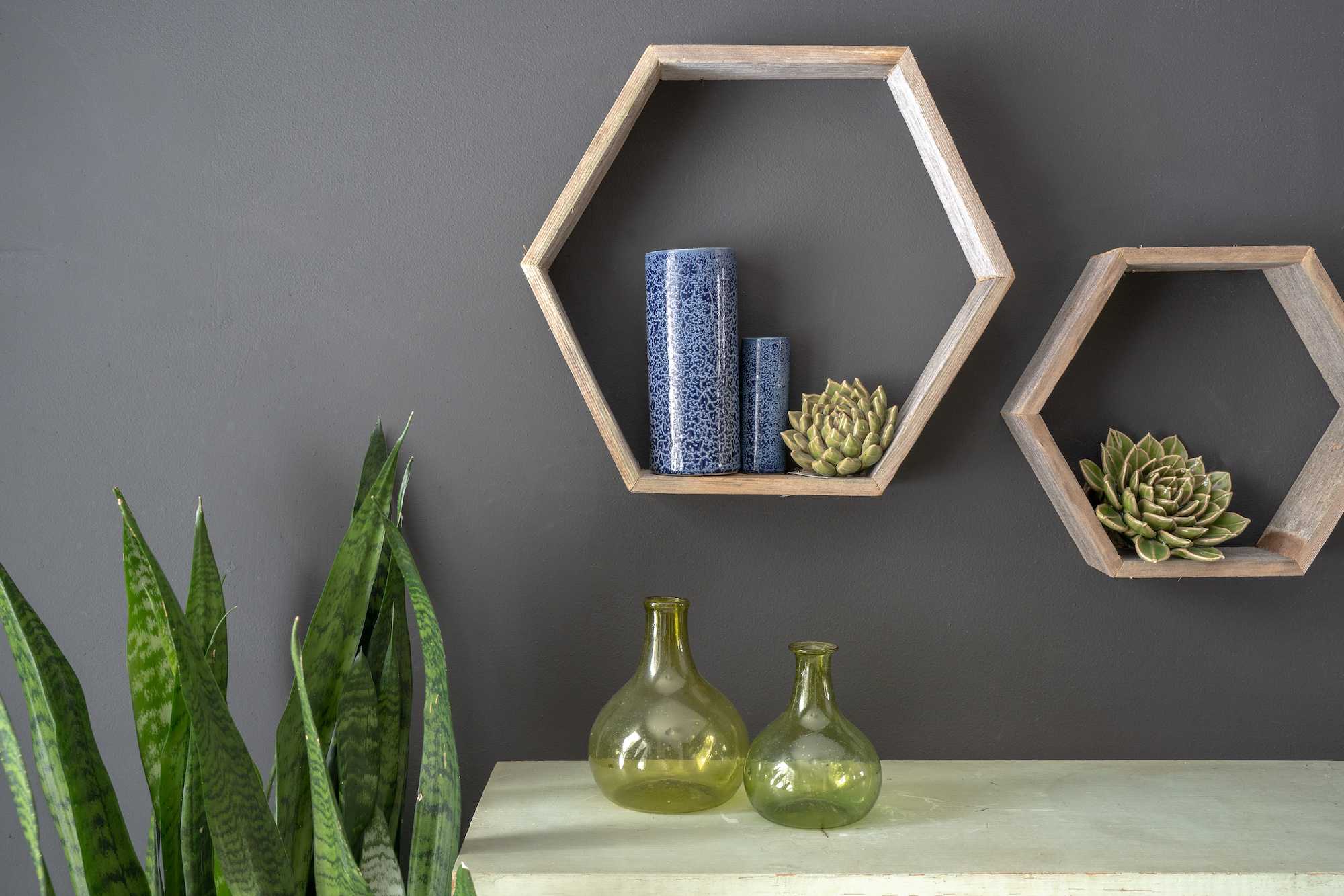 Set of 3 Hexagon Rustic Natural Weathered Grey Wood Open Box Shelve