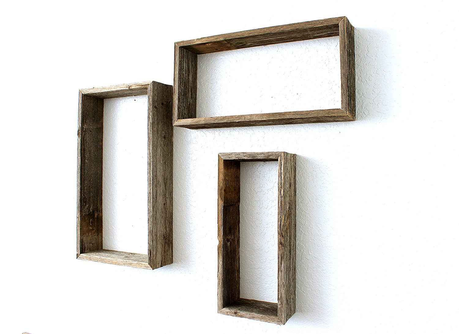 Set of 3 Rectangle Rustic Natural Weathered Grey Wood Open Box Shelve