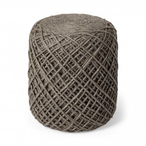 Brown Wool Cylindrical Pouf with Diamond Pattern