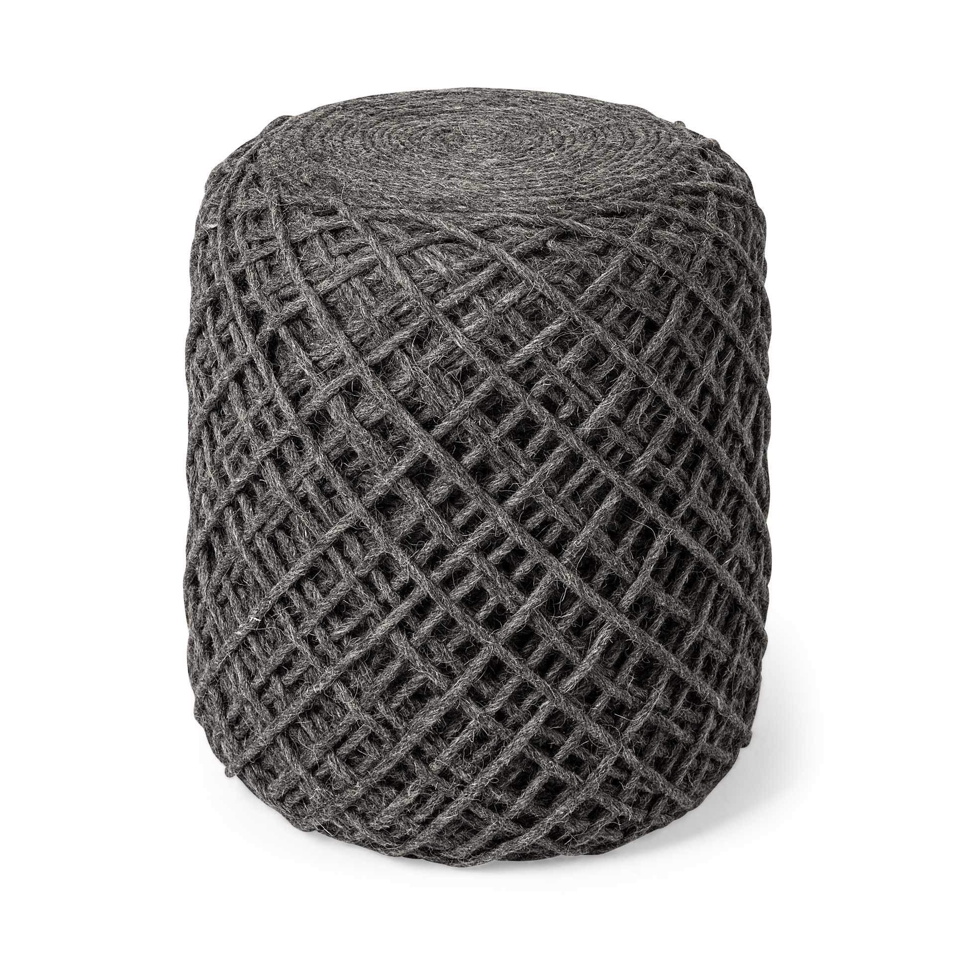 Dark Gray Wool Cylindrical Pouf with Diamond Pattern