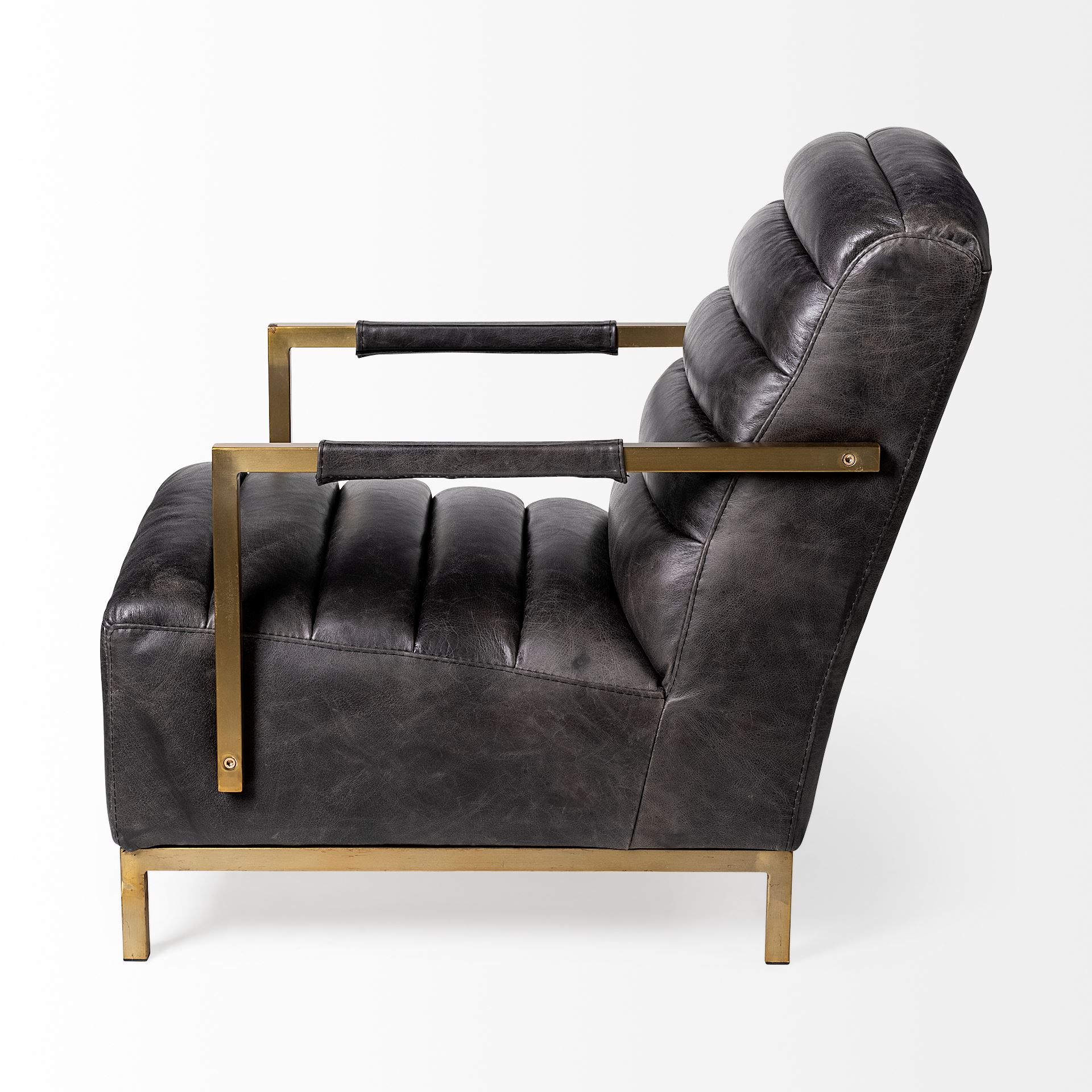 Black Leather Seat Accent Chair with Gold Iron Frame