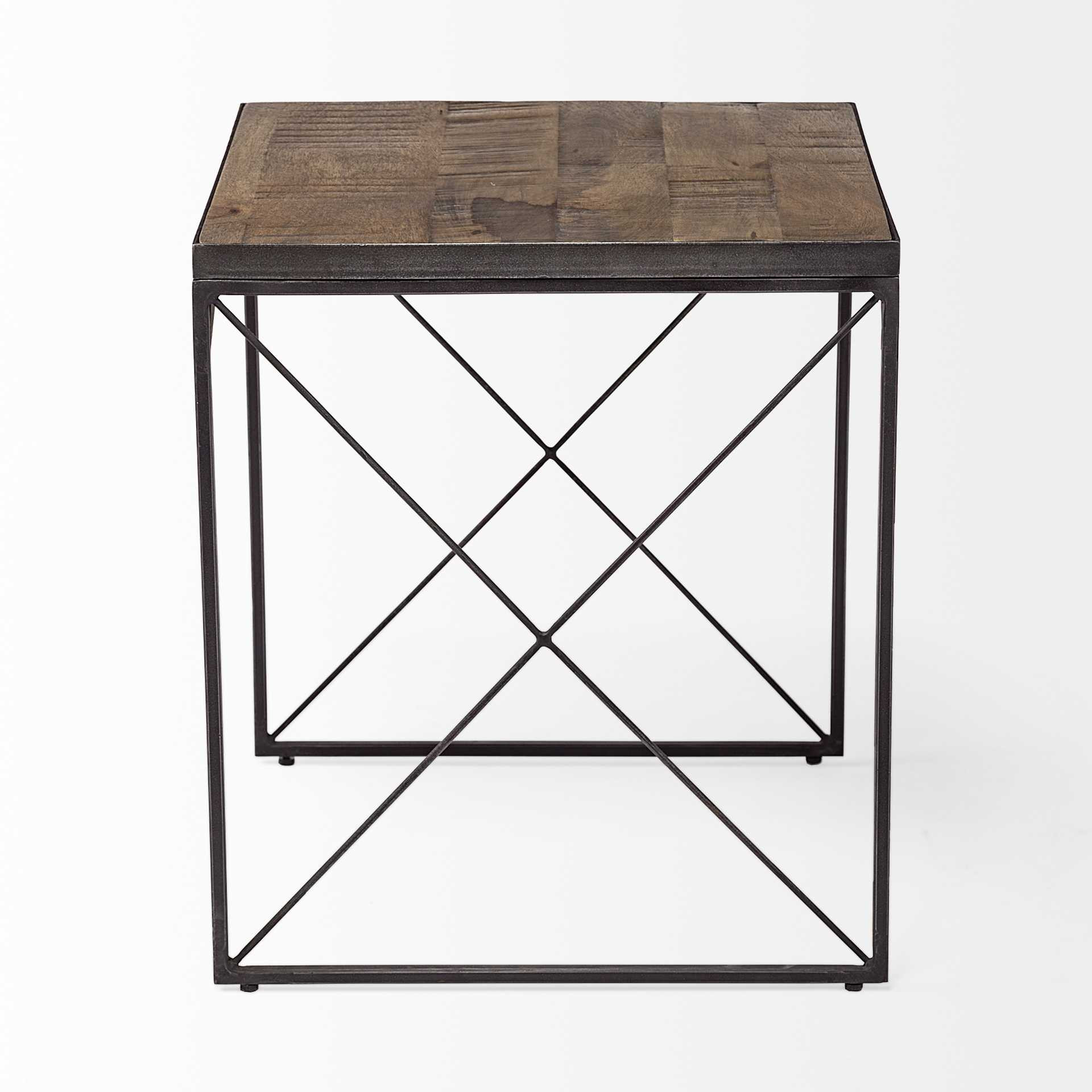 Medium Brown Wood Side Table with Square Top and Iron Cross Braced
