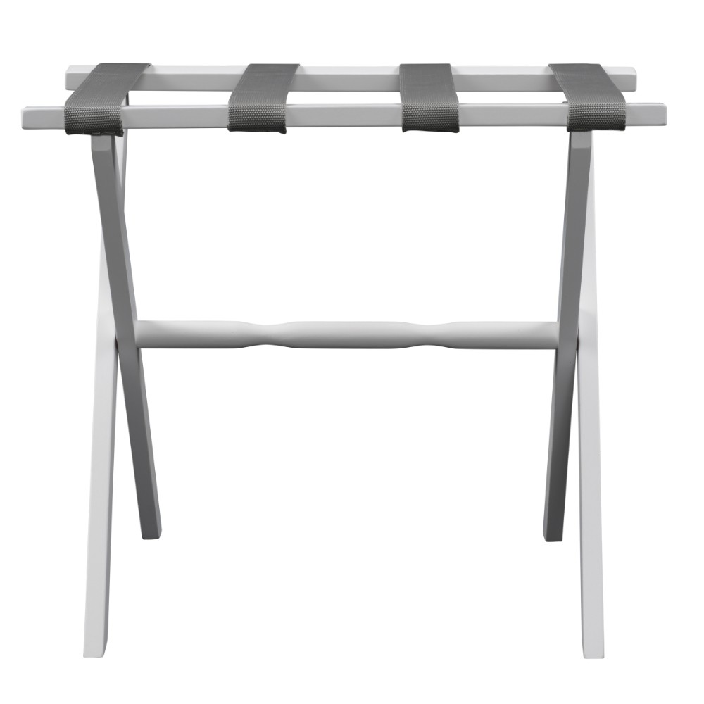 Hotel White Finish Wood Folding Luggage Rack with Gray Straps