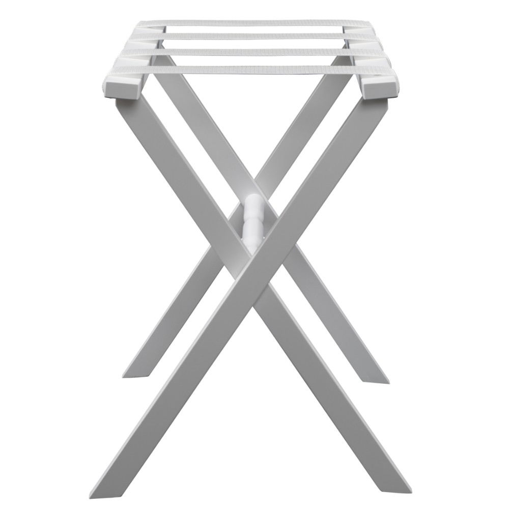 Hotel White Finish Wood Folding Luggage Rack with White Straps