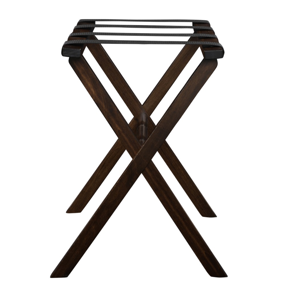 Hotel Dark Walnut Finish Wood Folding Luggage Rack with Tan Straps