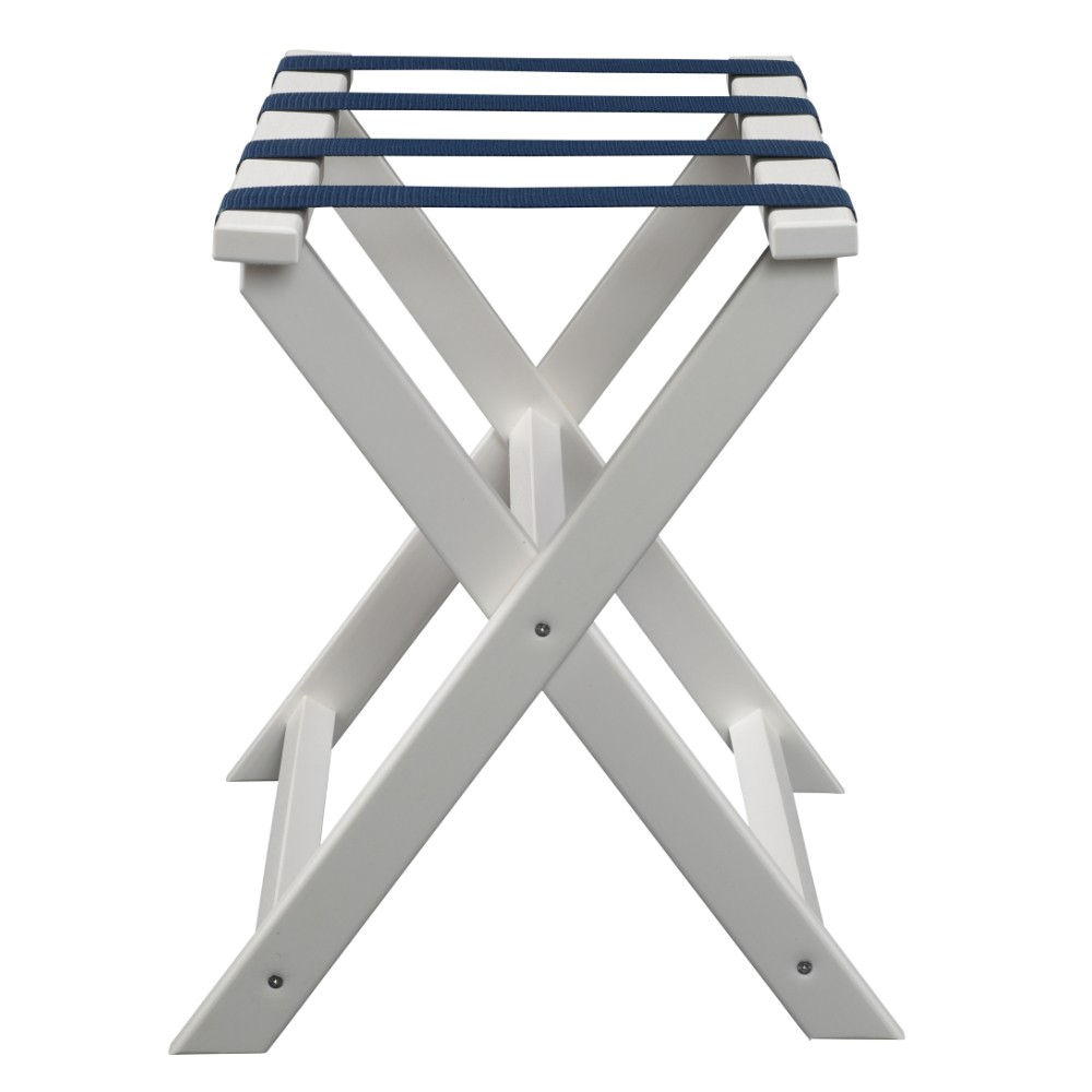 Earth Friendly White Folding Luggage Rack with Navy Straps