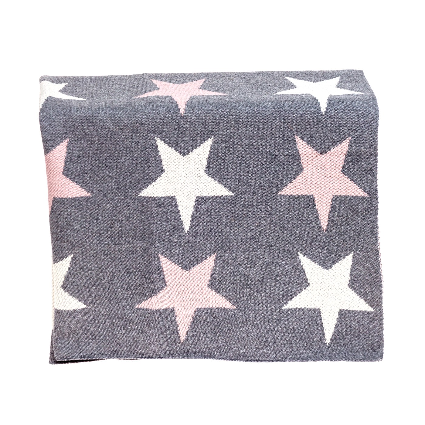 Grey Ivory and Pink Stars Knitted Baby Blanket