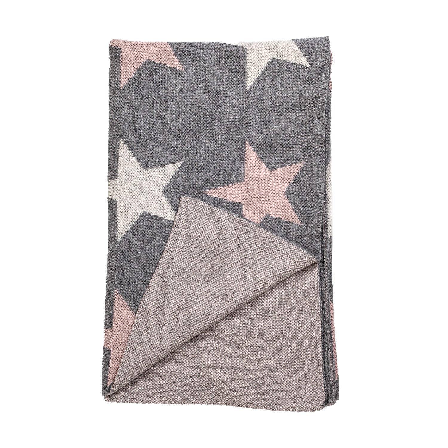 Grey Ivory and Pink Stars Knitted Baby Blanket