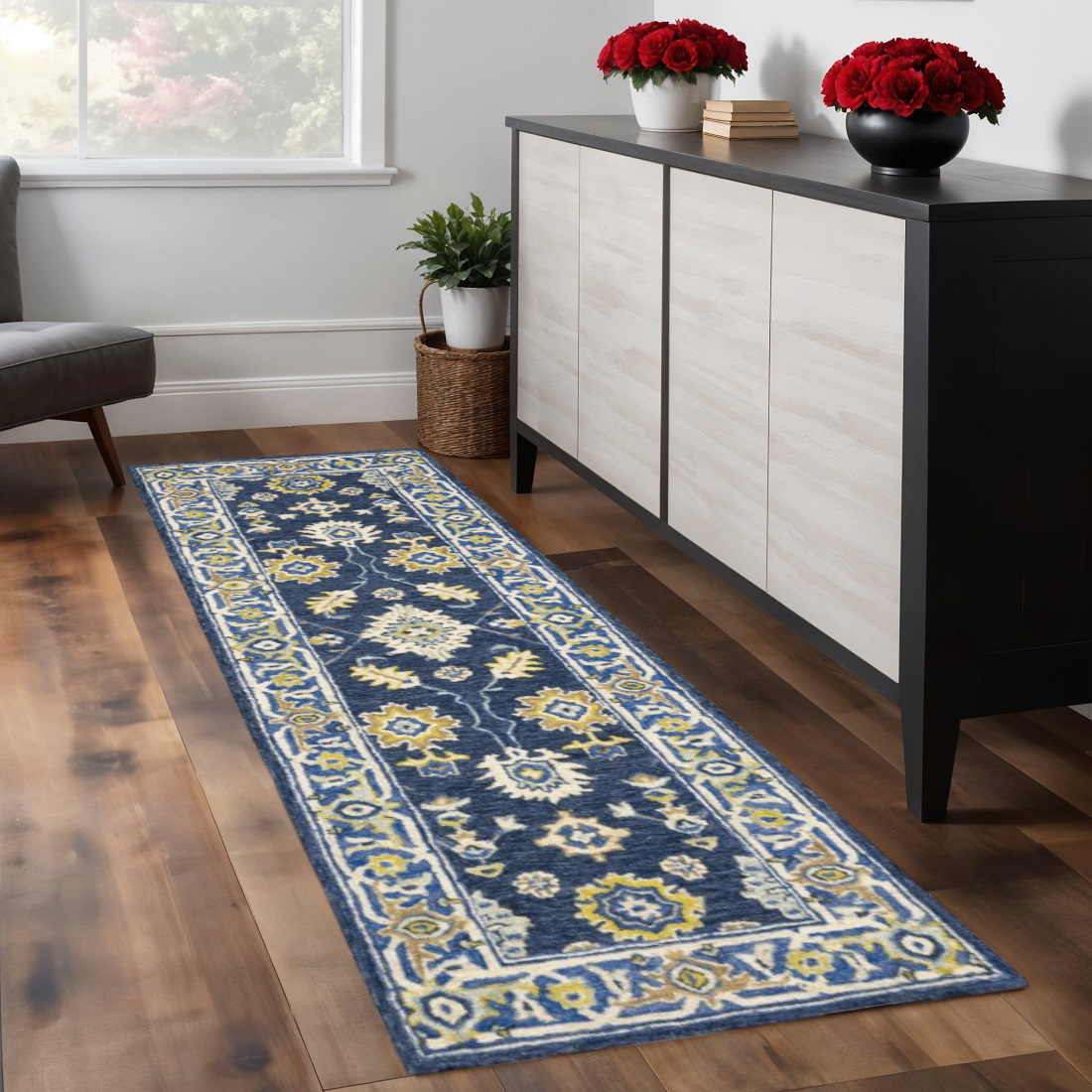 8' Blue And Gold Wool Hand Tufted Runner Rug-383603-1