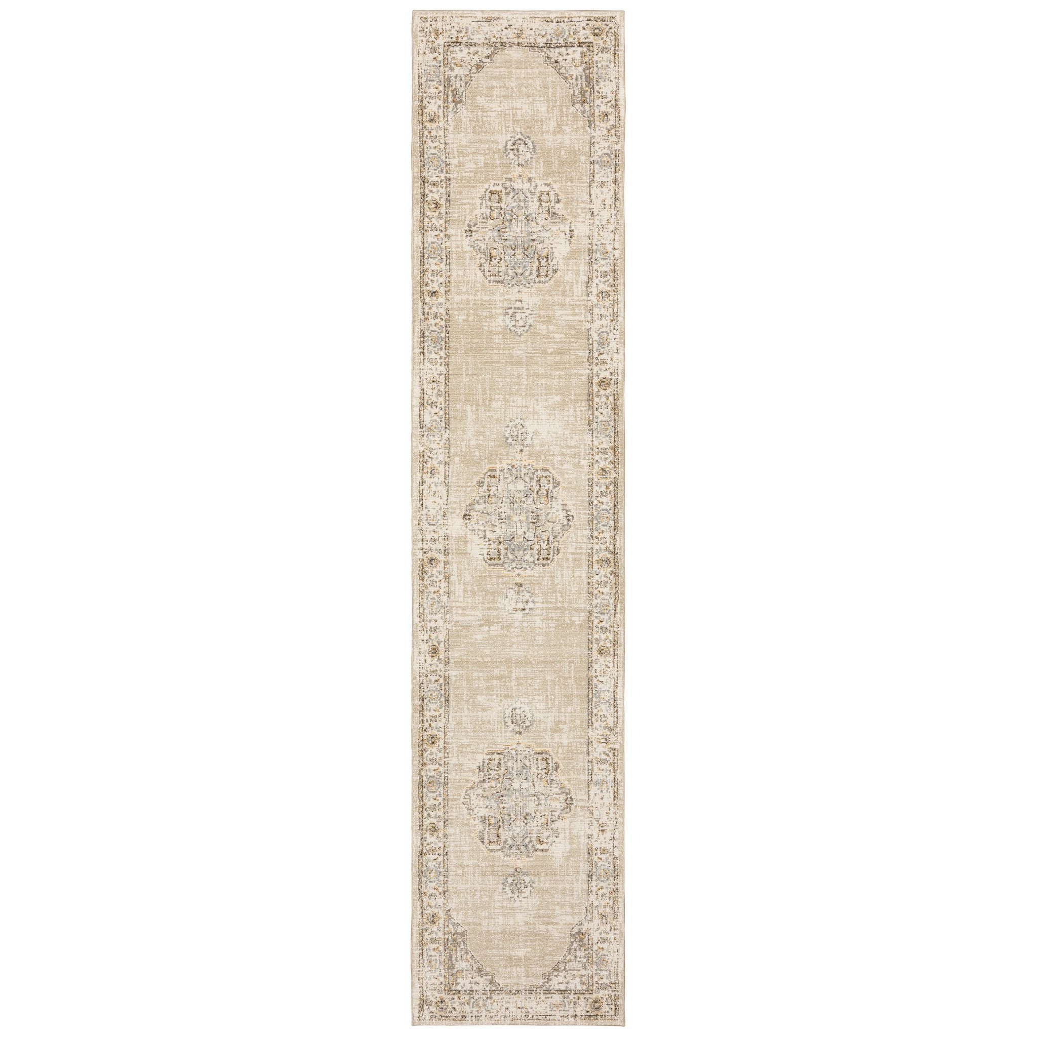 3'X12' Beige And Ivory Center Jewel Runner Rug-383638-1