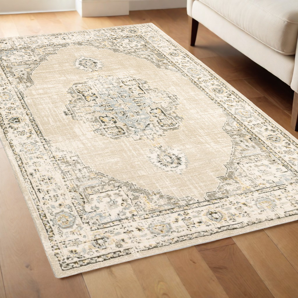 4' X 6' Beige And Ivory Center Jewel Area Rug-383639-1