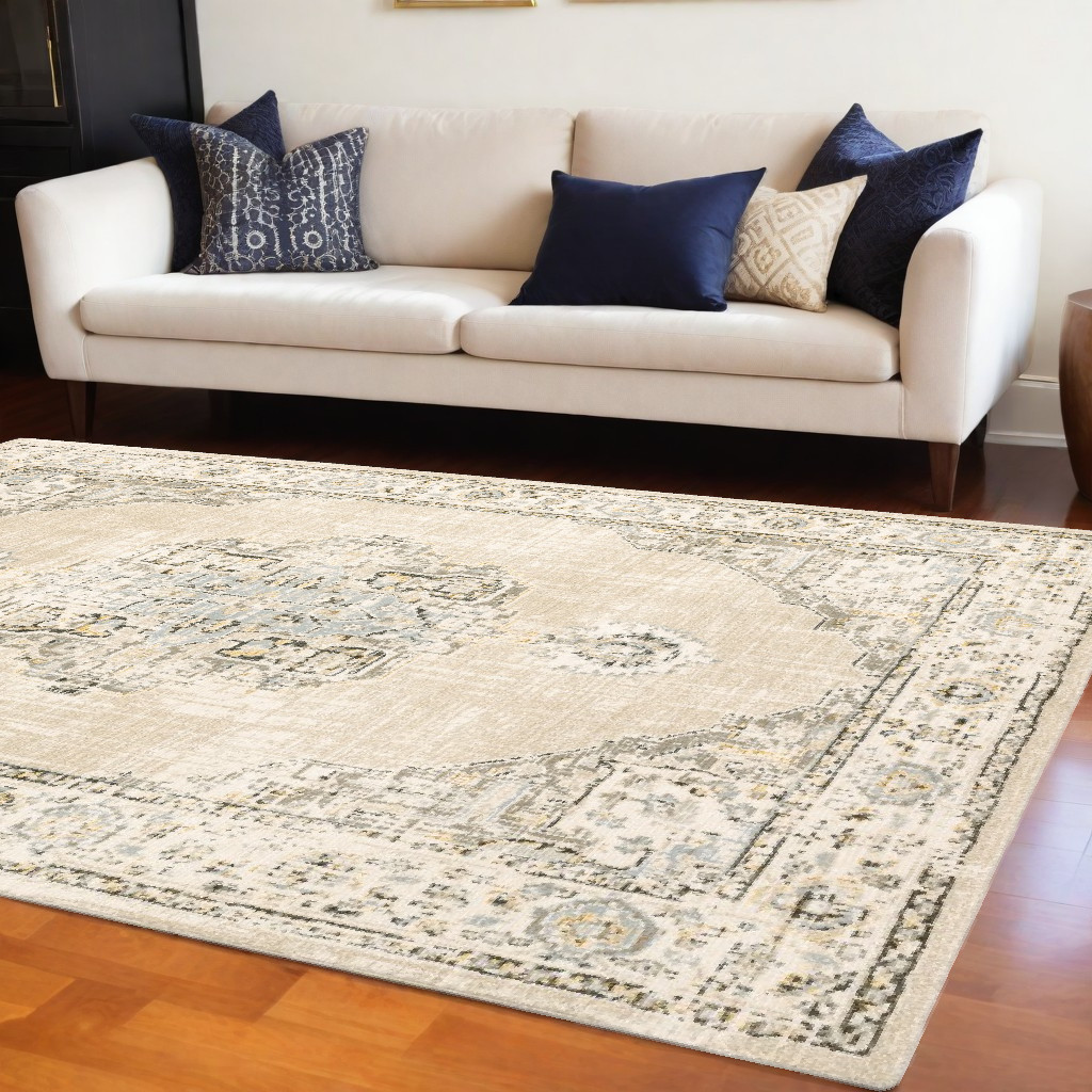 9' X 12' Beige And Ivory Center Jewel Area Rug-383643-1