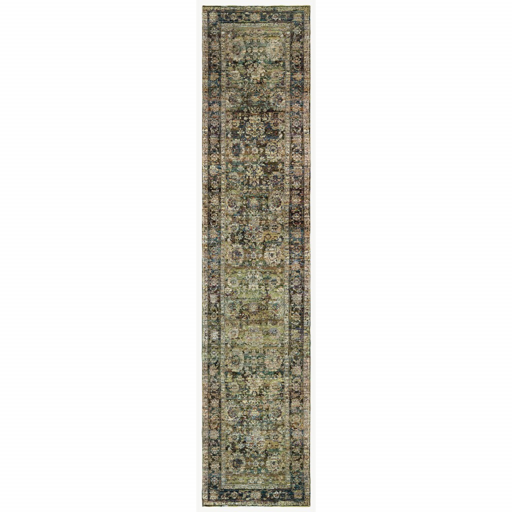3'X12' Green And Brown Floral Runner Rug-383647-1
