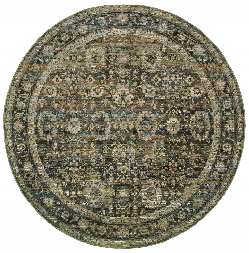 7' Round Green And Brown Floral Area Rug-383652-1