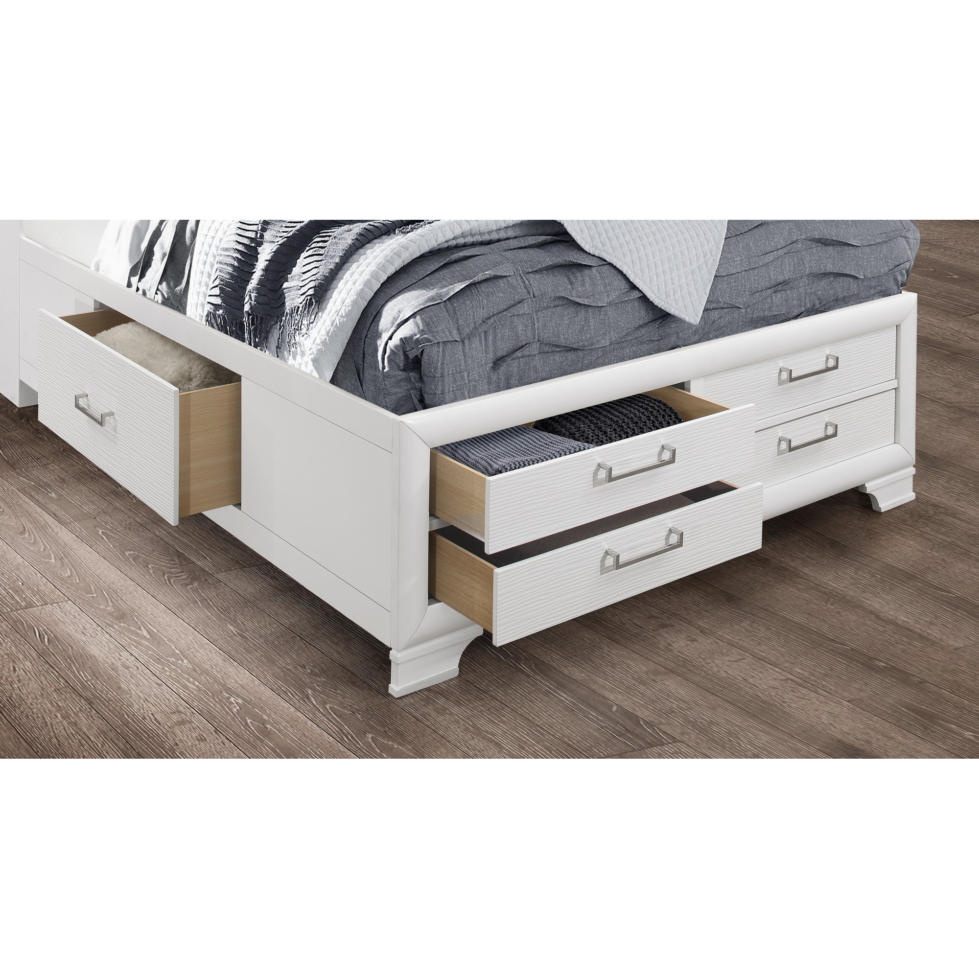 White Rubberwood King Bed with bookshelves Headboard LED lightning 6 Drawers