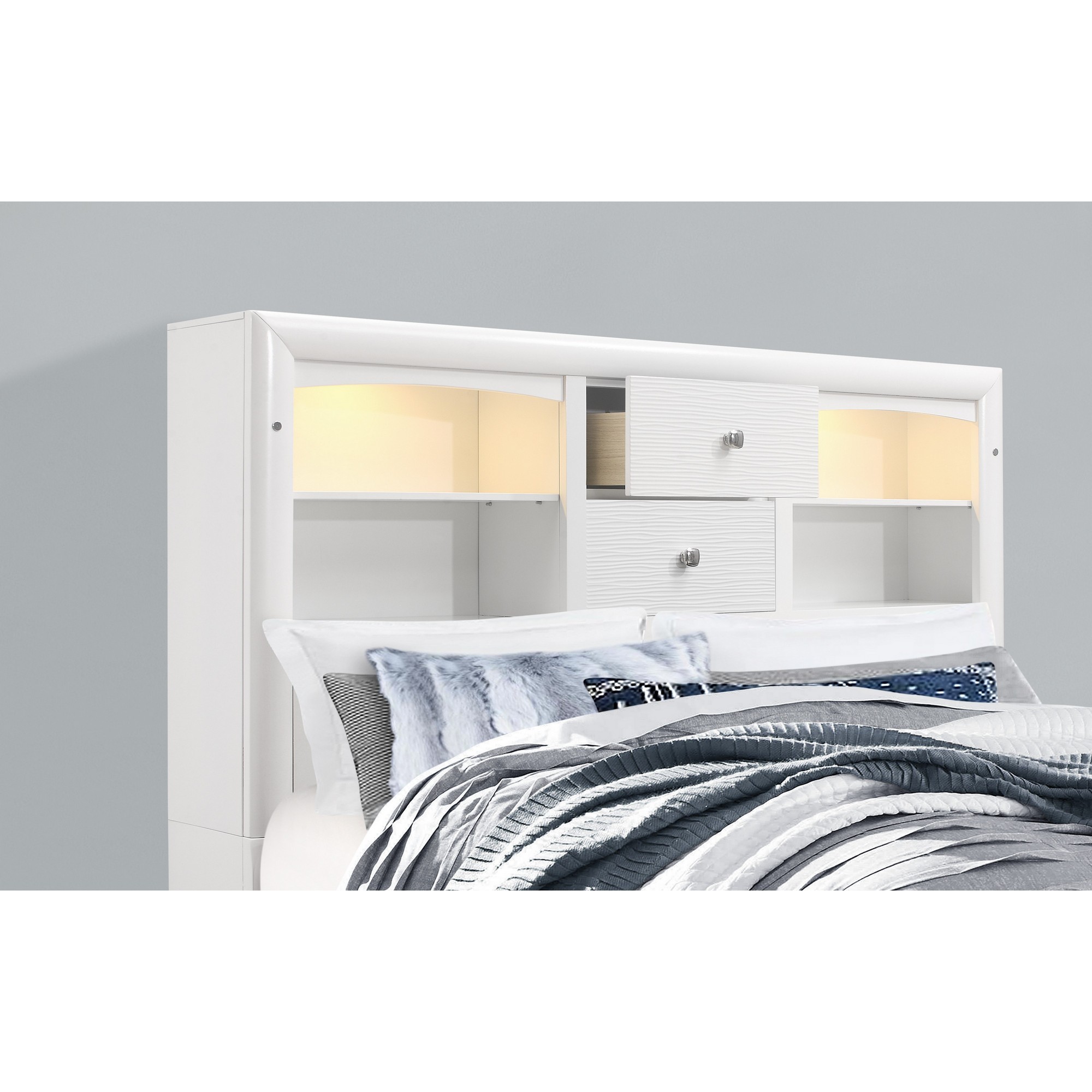 White Rubberwood King Bed with bookshelves Headboard LED lightning 6 Drawers