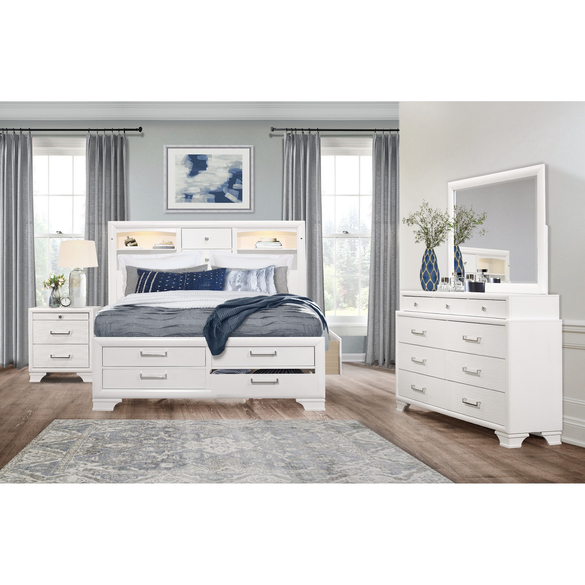 White Rubberwood King Bed with bookshelves Headboard LED lightning 6 Drawers