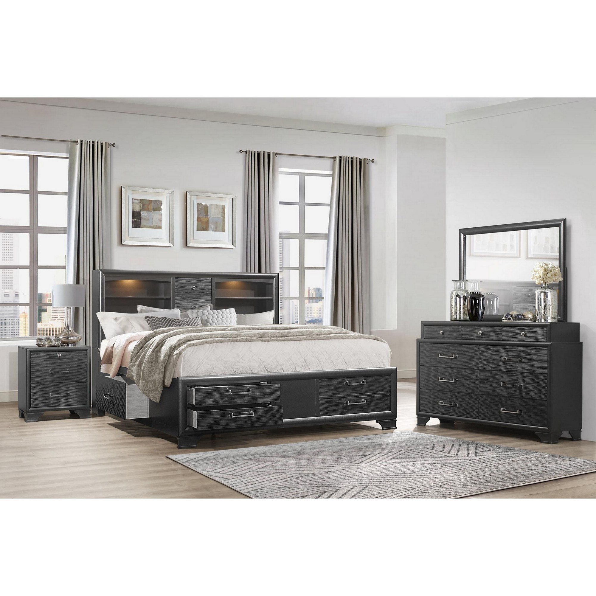 Grey Rubberwood Bed with bookshelves Headboard LED lightning 6 Drawers