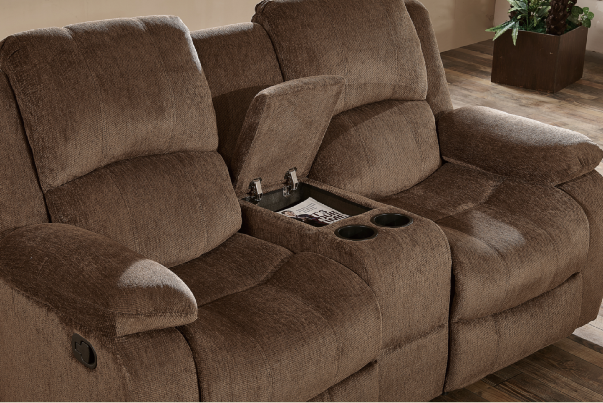 Coffee Brown Chenille Fabric Reclining Loveseat with Center Console and Cup Holders