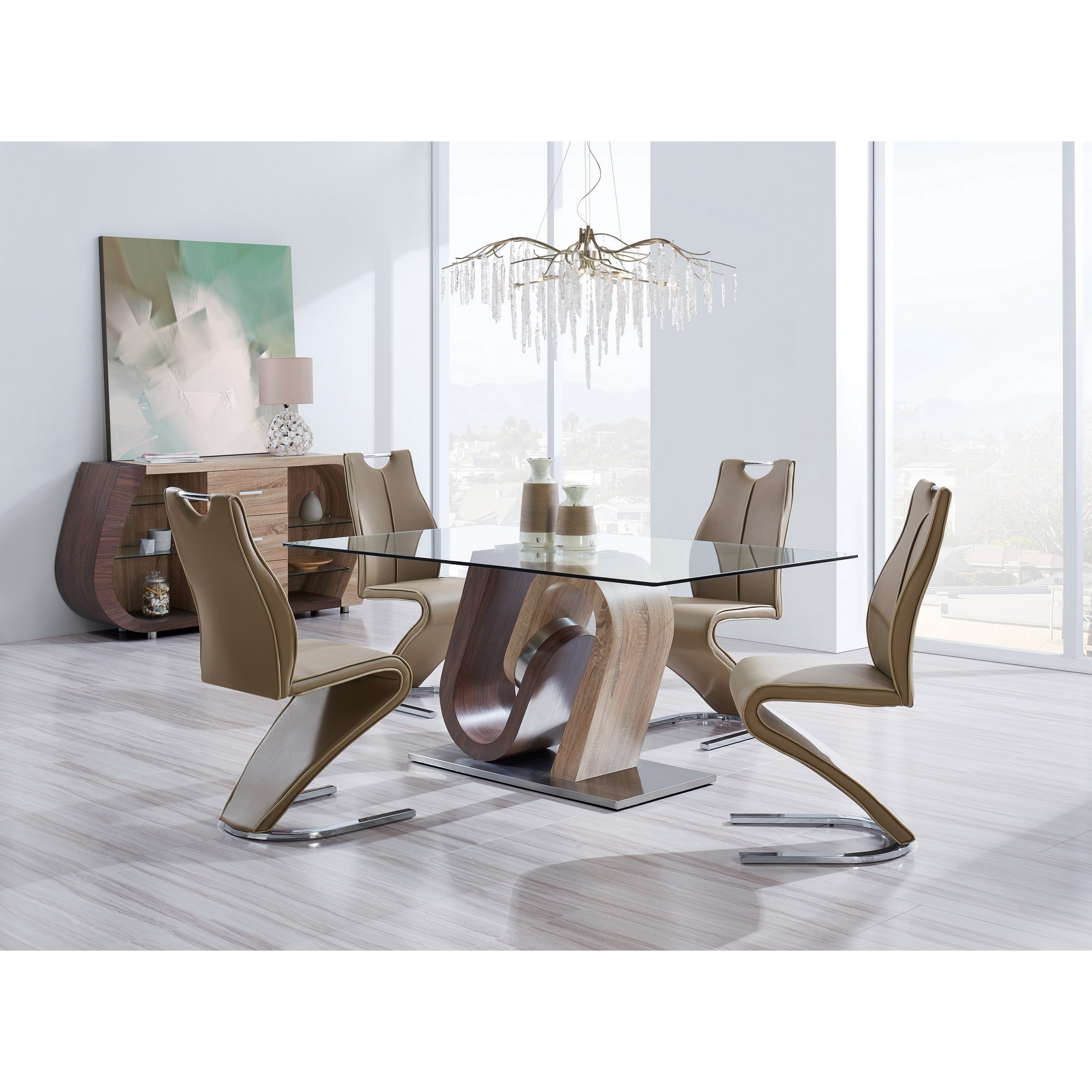 Set of 2 Cappucino and Light Cappucino Z style design Dining Chairs with Metalic Base and Seat Back Handle